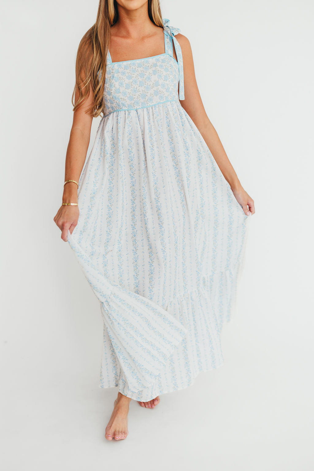 Kelly Adjustable Tie Maxi Dress - French Blue Floral Print | Women's Summer Casual Dress for Beach, Vacation & Party Wear