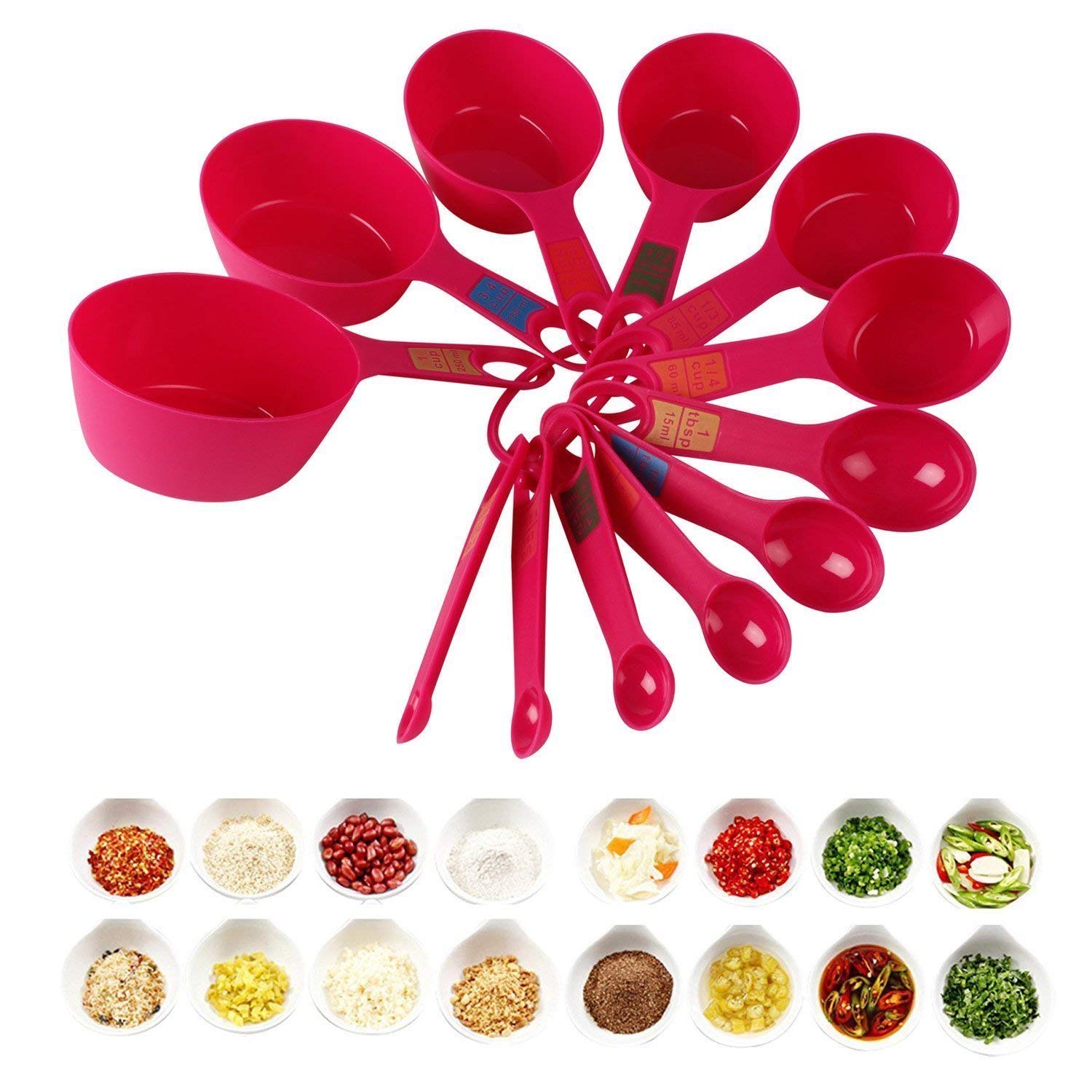 THW® 12-Piece Plastic Measuring Cups and Spoons Set with Ring Holder - Pink | Baking, Cooking & Kitchen Essentials for Accurate Measurements