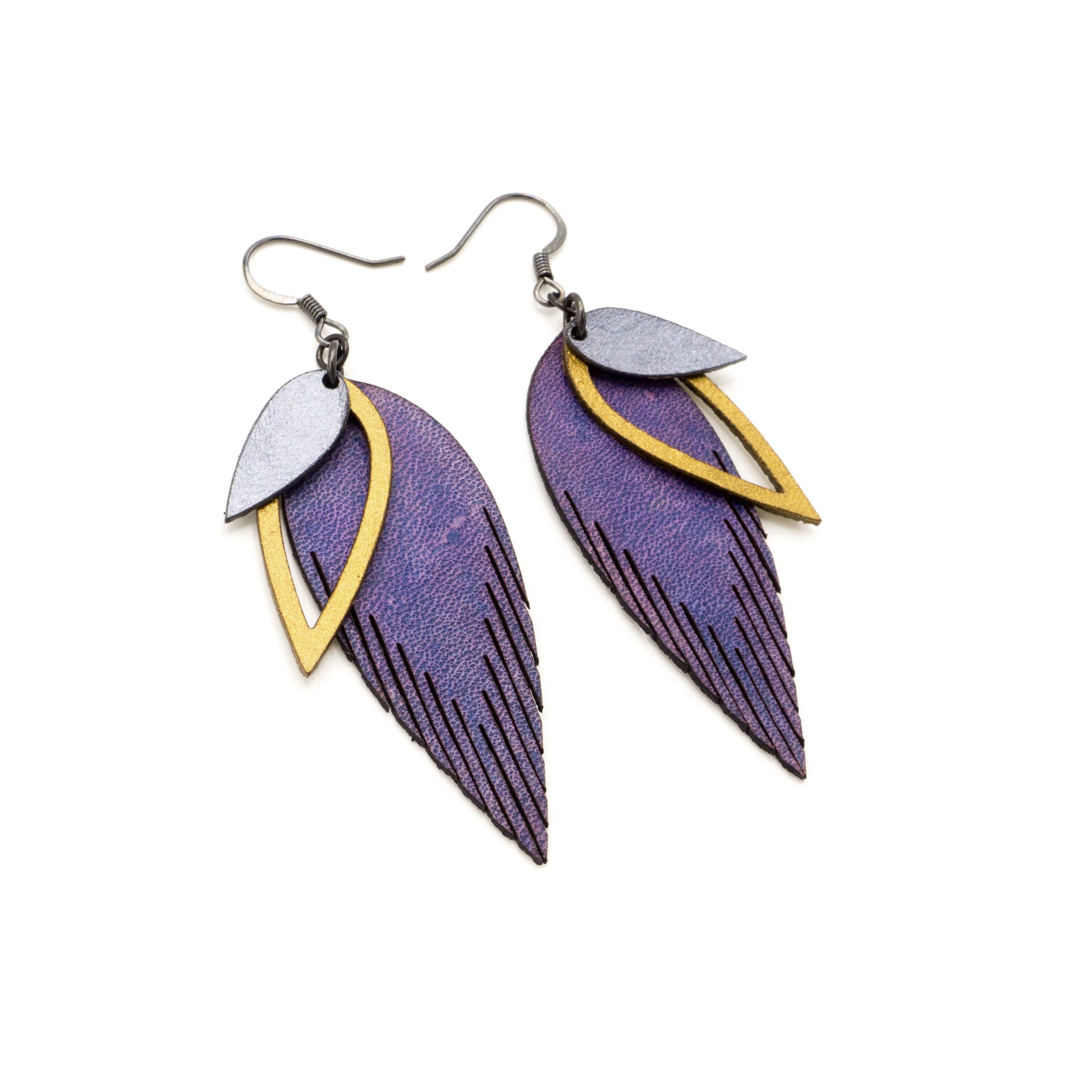 3 Layer Genuine Leather Earrings for Women - Purple, Gold, Silver | Boho Chic Handmade Jewelry for Everyday Wear & Special Occasions