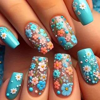 24Pcs Medium Length Ballet Fake Nails - Full Cover Yellow Cute Bee Design with Glue - French Manicure Tips with Colorful Flowers - Perfect for Parties, Weddings & Daily Wear