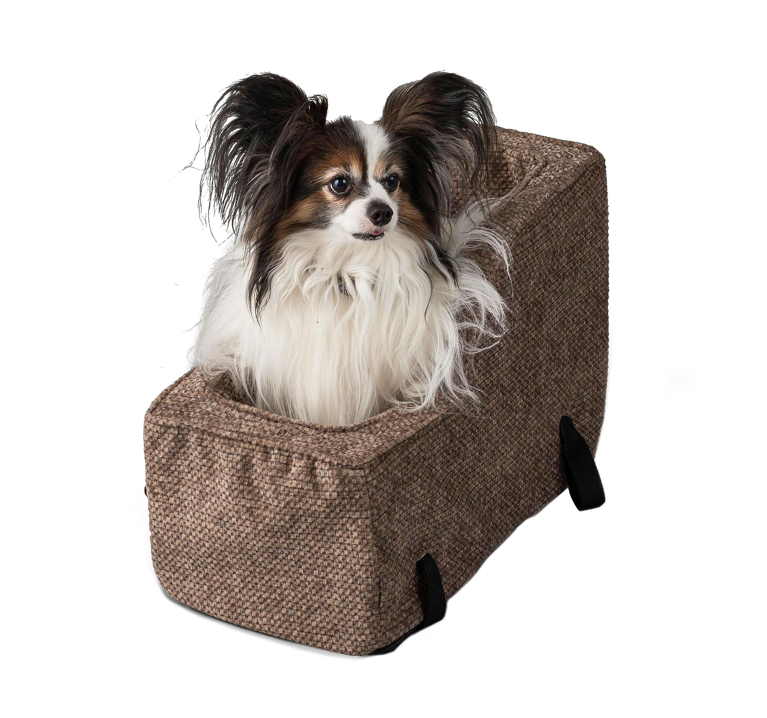 Snoozer Small High Back Console Dog Car Seat - Travel Pet Bed Carrier for Dogs up to 7lbs - Safe Dog Car Seat Belt Harness Strap - Removable Machine Washable Merlin Camel Cover - Perfect for Road Trips & Vet Visits