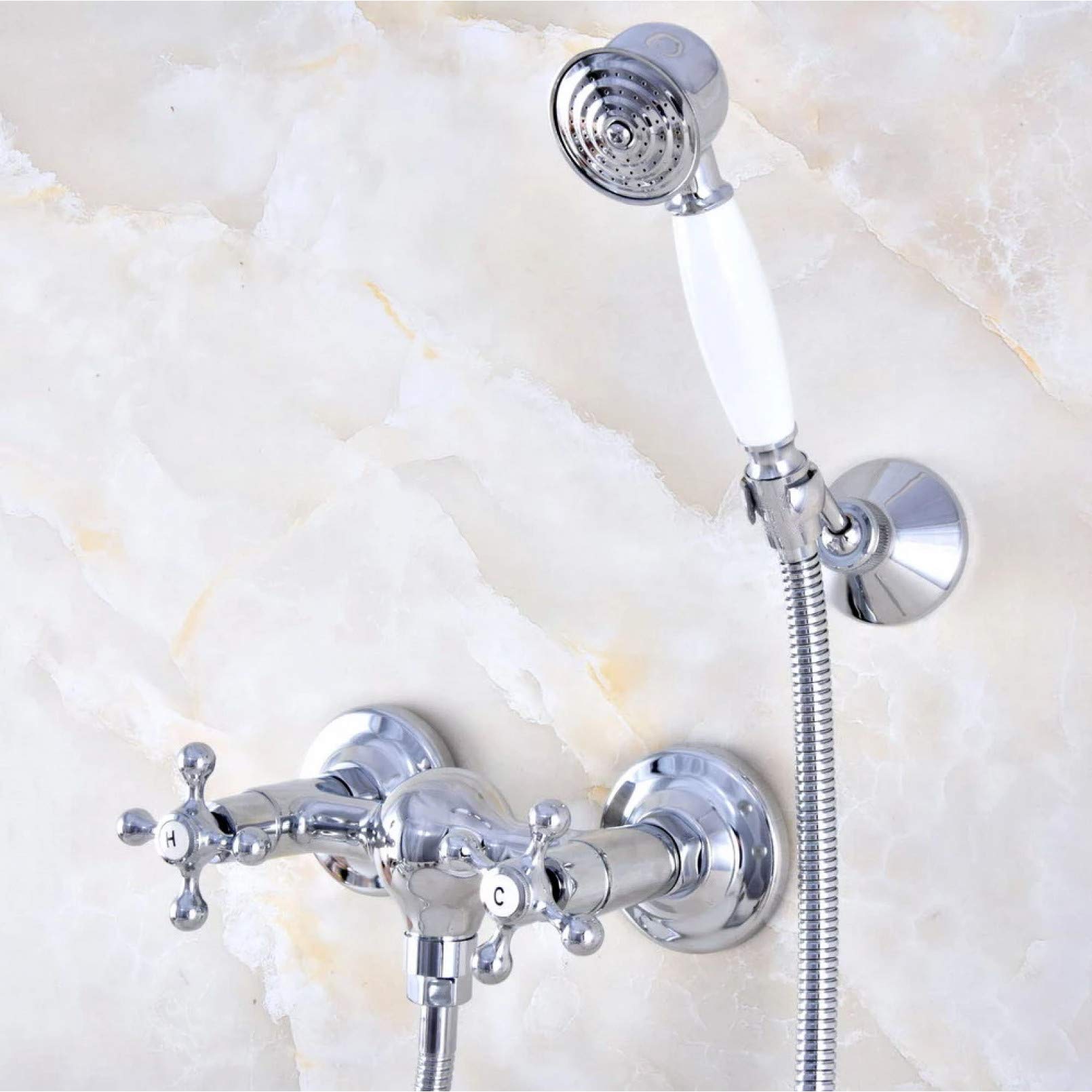 Polished Chrome Brass Wall Mounted Handheld Shower Head with Dual Cross Handle Faucet Set - Modern Bathroom Mixer Tap for Spa-Like Shower Experience, Perfect for Master Bath & Guest Bathrooms