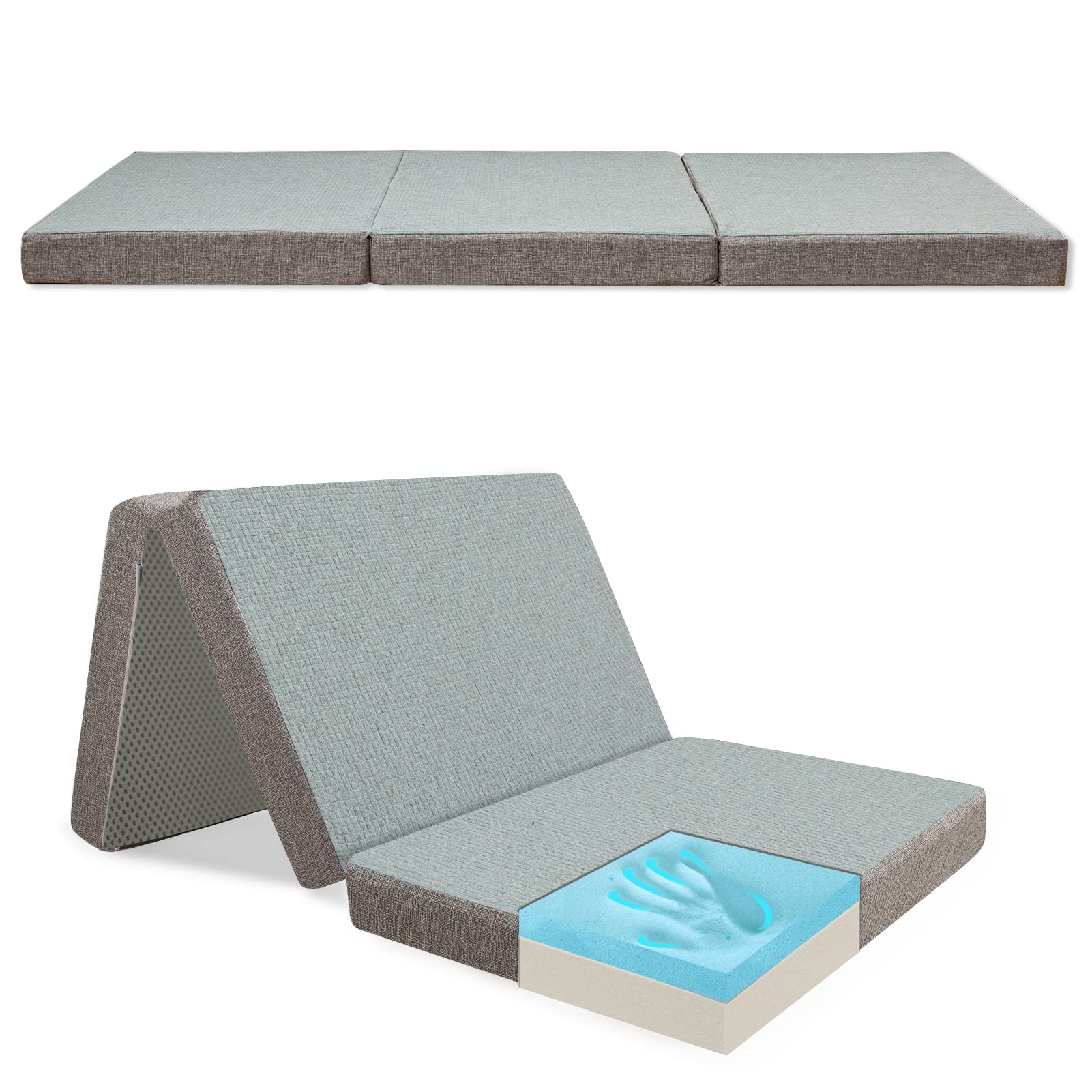 MAXYOYO 4 Inch Foldable Memory Foam Mattress - Tri-Fold Camping Mattress with Washable Cover | Portable Floor Mattress for Travel, Van, Guest Bed | Twin Size 39x80 Inch | Perfect for Camping Trips, Sleepovers & Temporary Guest Beds