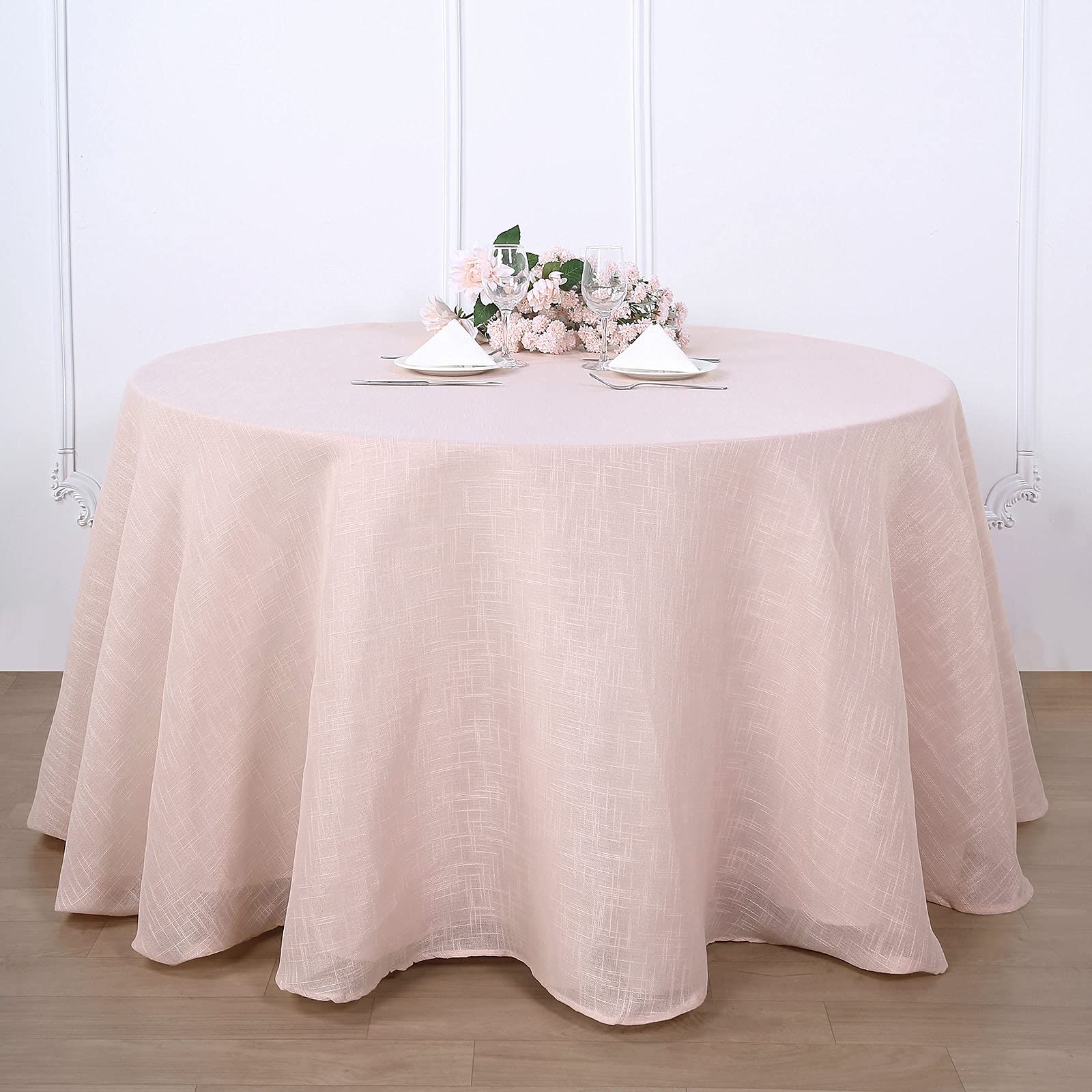 Rose Gold Faux Linen Tablecloth - Wrinkle Resistant Rectangle Table Cover for Kitchen, Restaurant, Indoor & Outdoor Dining - 108 Inch Blush Slubby Textured Weave | Perfect for Dinner Parties, Picnics & Special Events