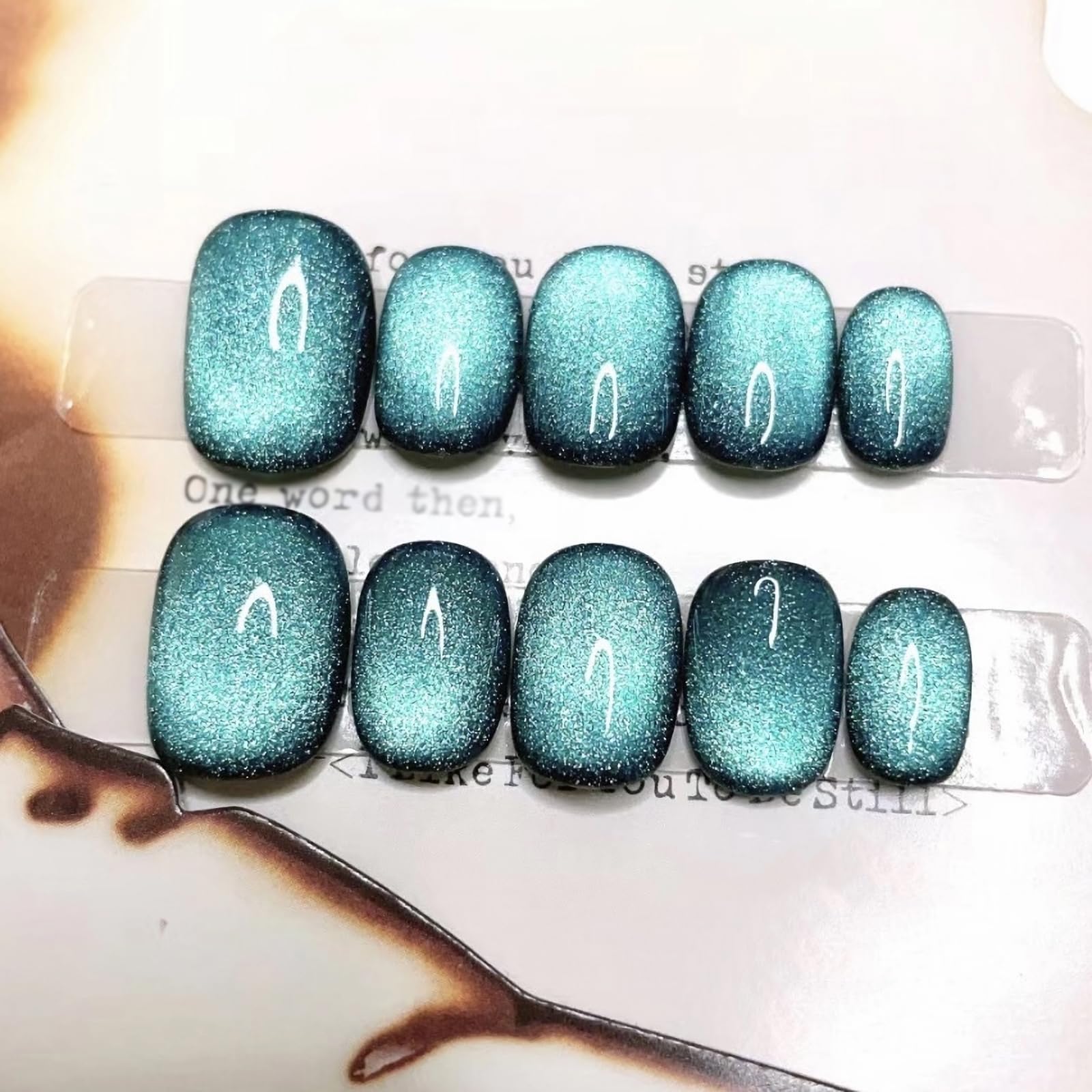 MISUD Short Square Press on Fake Nails - 24pcs Glossy Glue on Chrome Cat Eye Acrylic Nails with Green Starry Sky Design for Women, Perfect for Parties, Weddings & Special Occasions