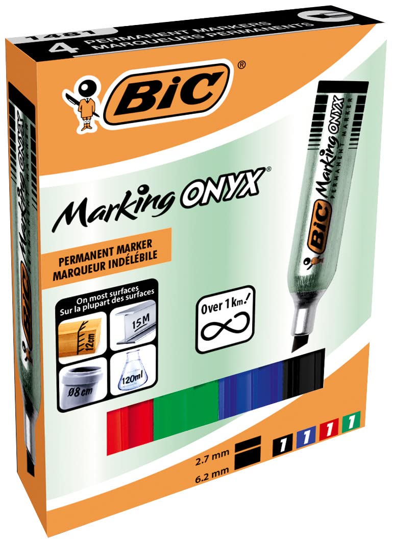 BiC ONYX 1481 Mini Permanent Marker - Chisel Tip, Assorted Colors (4-Pack) - Ideal for Office, School, Crafts & DIY Projects