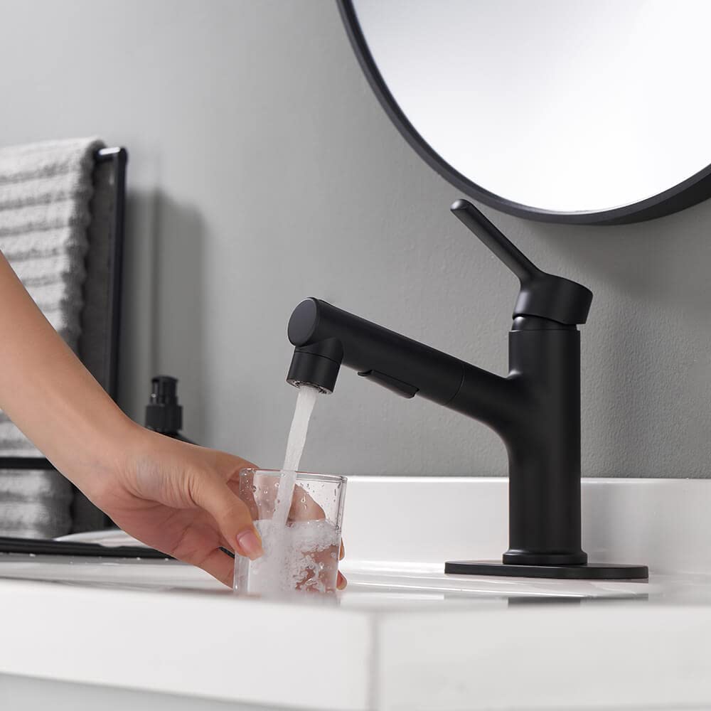 Black Single Handle Brass Bathroom Sink Faucet with Pull-Out Sprayer - 3 Water Flow Modes for Hot & Cold Water - Perfect for Vanity, Basin, and Modern Bathroom Renovations