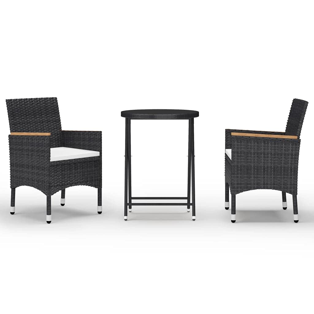 3-Piece Outdoor Bistro Set - Black Poly Rattan Patio Furniture with Tempered Glass Table - Perfect for Garden, Backyard, Poolside & Balcony Dining