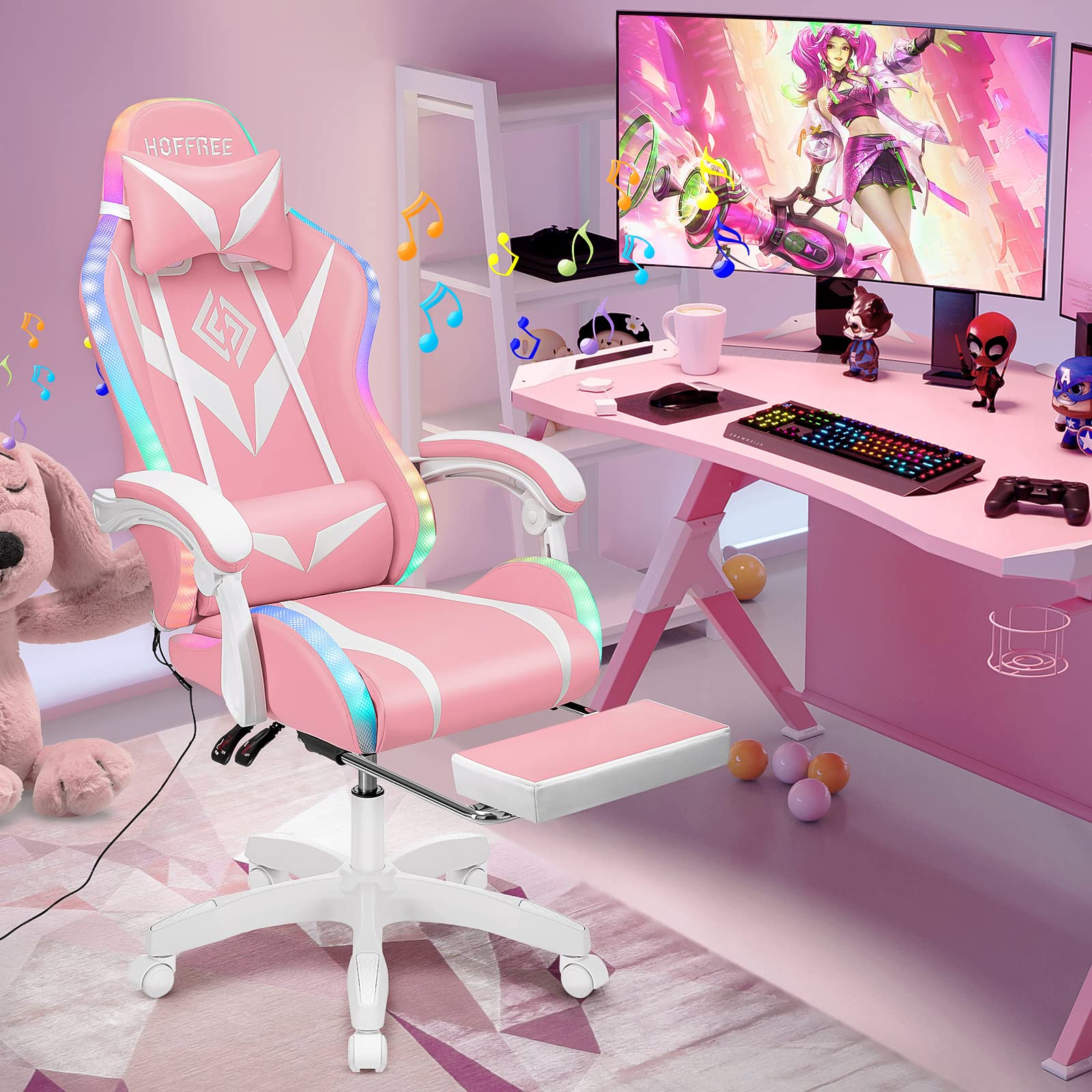 Pink Ergonomic Gaming Chair with Bluetooth Speakers, RGB LED Lights, Massage & Footrest - High Back Lumbar Support for PC, Video Game & Office Use - Perfect for Streaming, Esports & Home Gaming Setup
