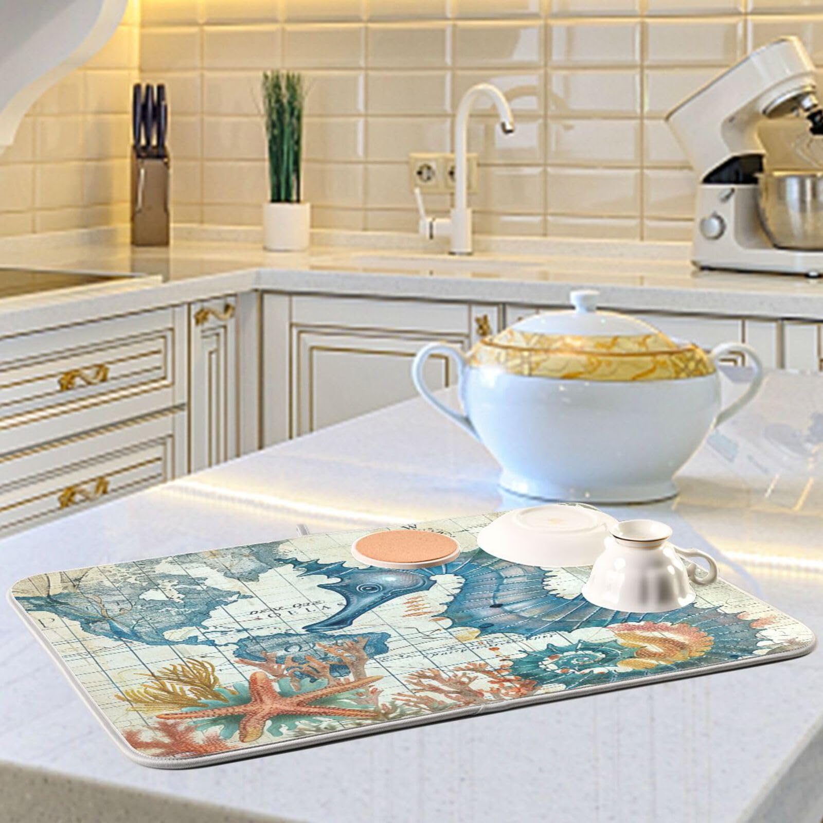 Retro Map Microfiber Dish Drying Mat 16x18in - Absorbent Kitchen Counter Mat for Fast Drainage | Perfect for Coastal-Themed Kitchens