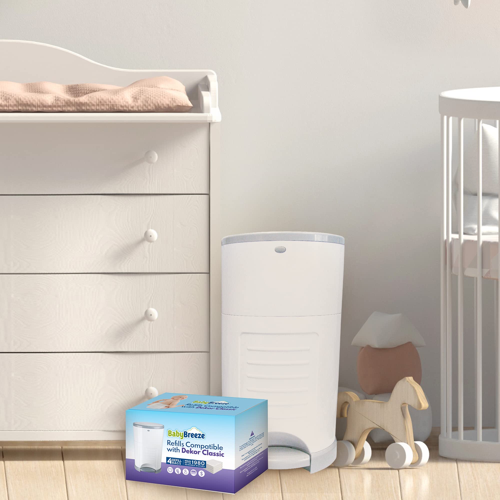 Dekor Classic Diaper Pail Refill Bags - 4 Pack | 1980 Diaper Capacity | Heavy Duty & Scented with Baby Powder | Perfect for Nursery, Daycare & Travel Use
