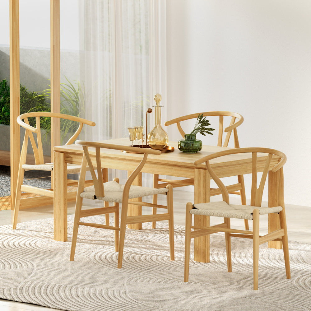 4-Piece Artiss Dining Chair Set - Wooden Frame with Rattan Seat & Wishbone Back - Perfect for Kitchen, Dining Room, and Outdoor Patio Use