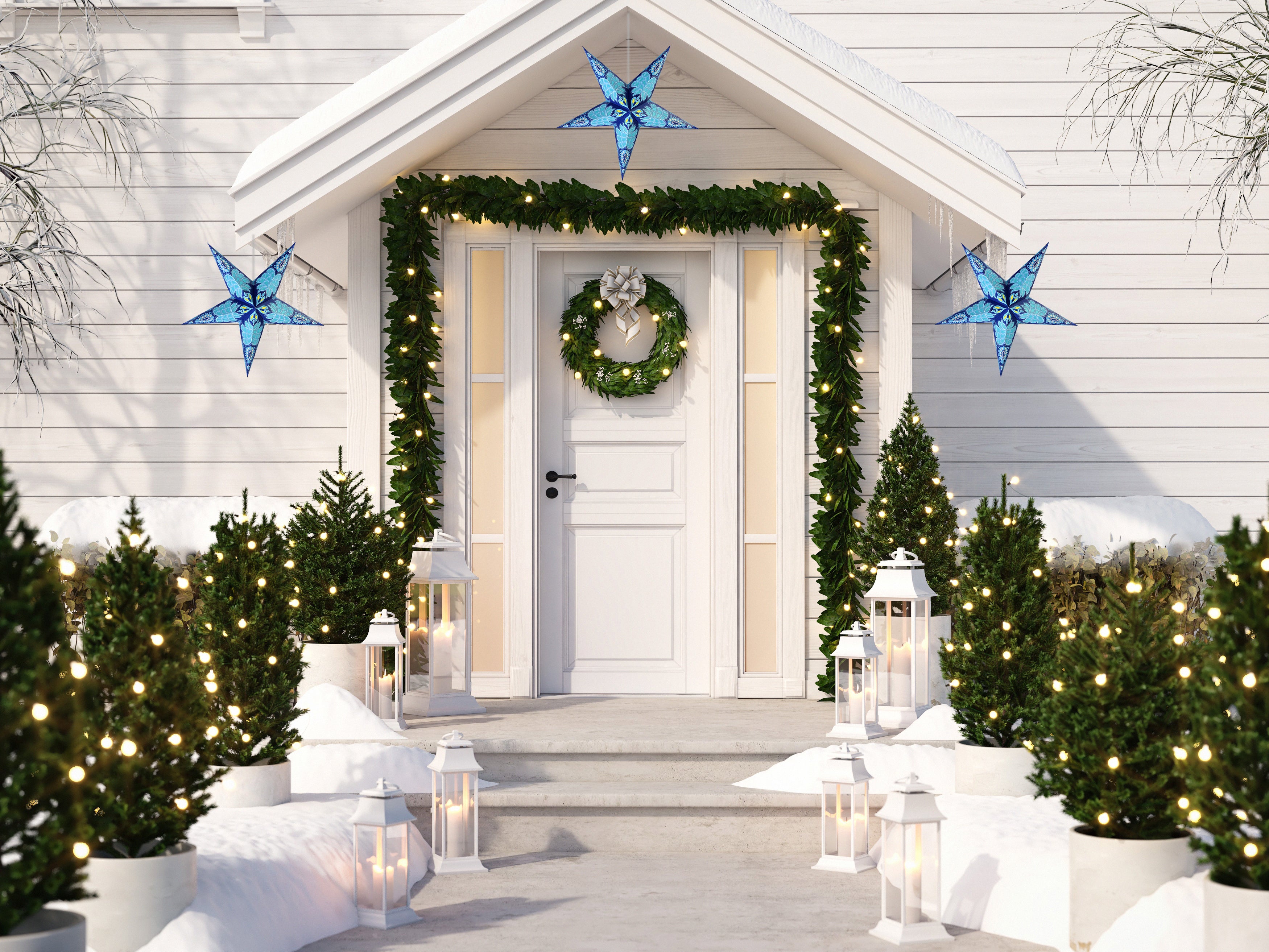 24 Inch Blue Astral Glow Paper Star Lantern with Pendant Light - DIY Hanging Decor for Bedroom, Party, Wedding & Outdoor Lighting