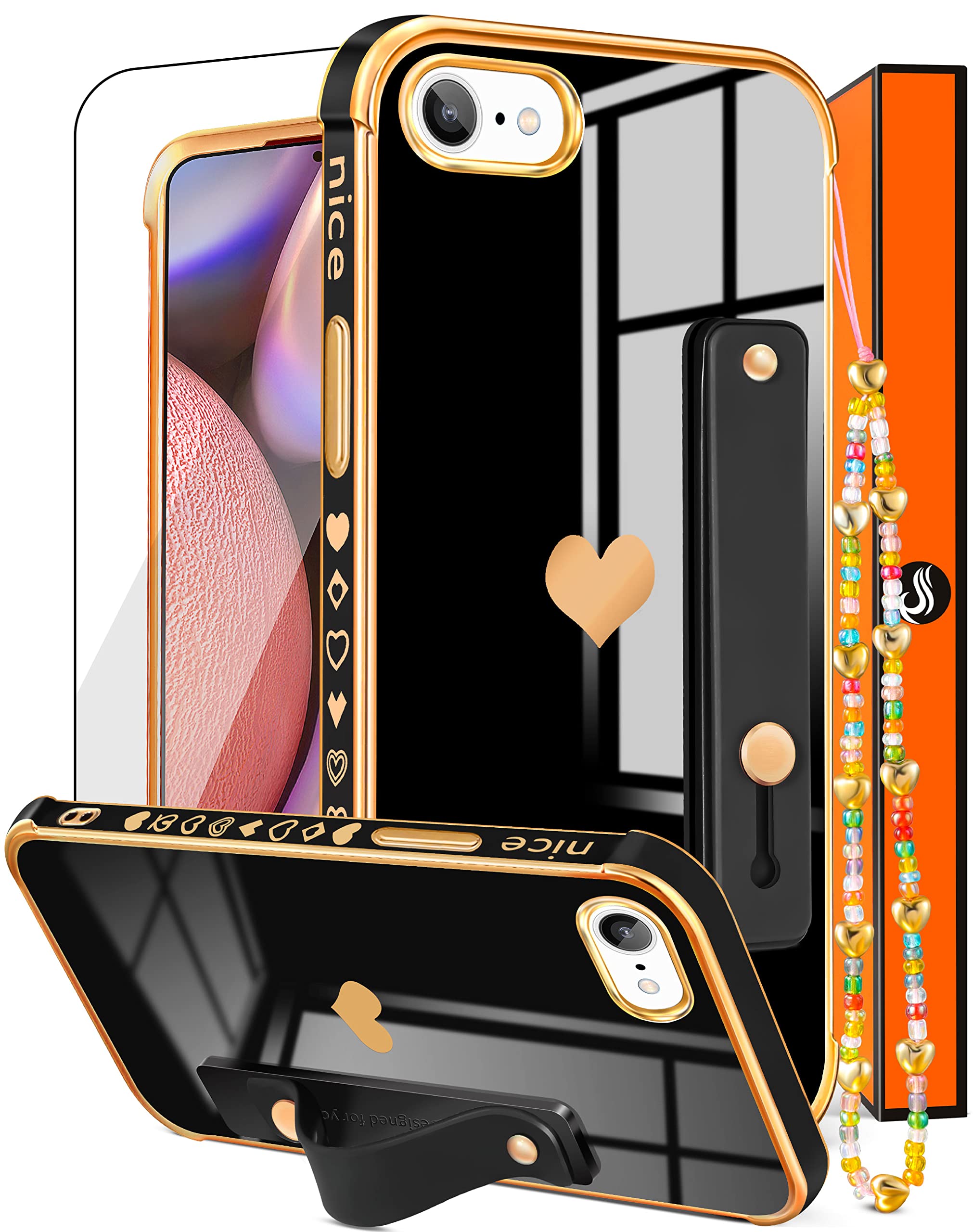 Likiyami 3-in-1 iPhone SE 2022/2020/7/8 Case - Cute Heart Design for Women & Girls | Trendy Aesthetic Luxury Phone Cover with Gold Plating & Detachable Chain | Perfect for Daily Use, Gifts & Fashion Accessories (4.7 inch, Black & Gold)