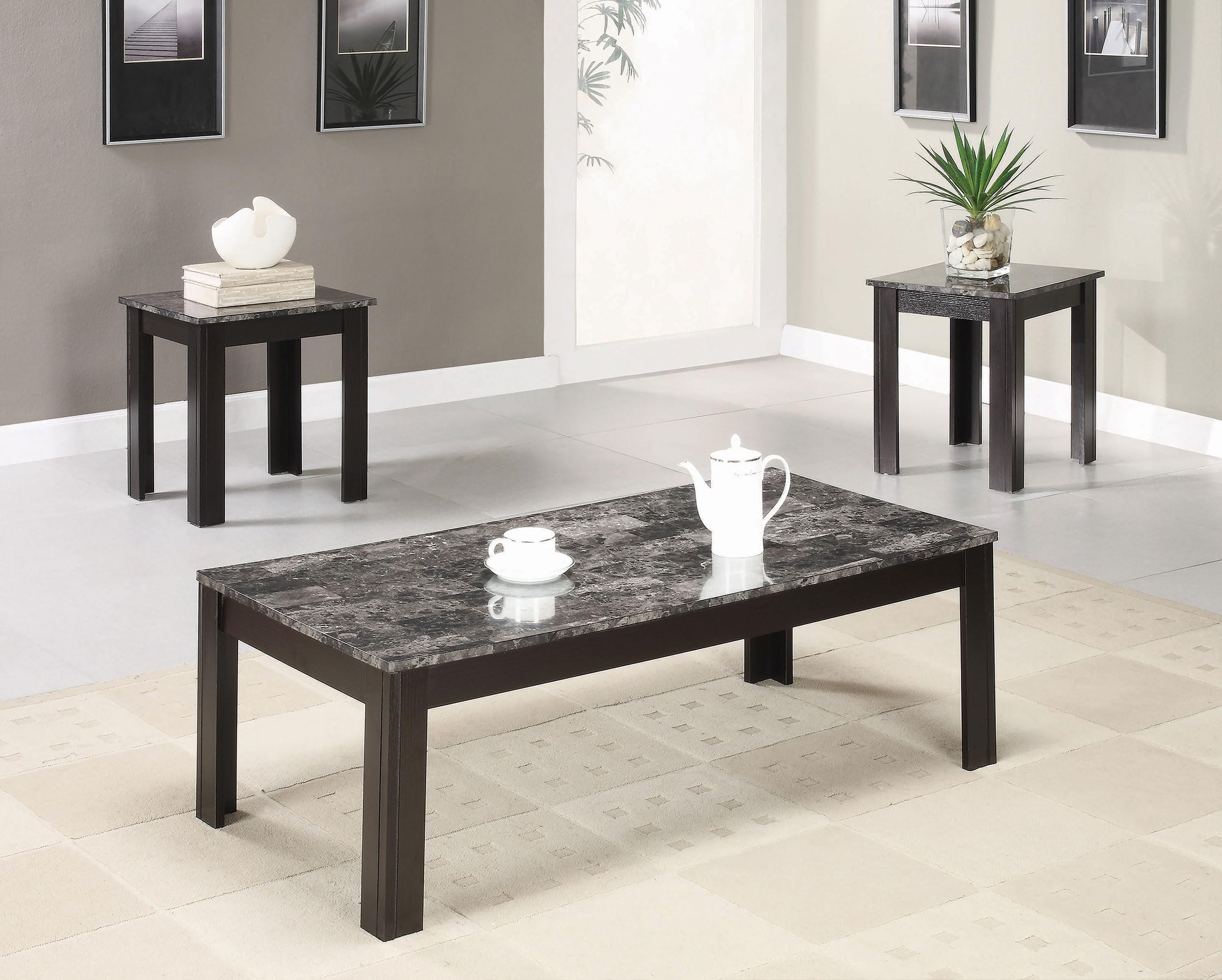 Coaster Home Furnishings Silas 3-Piece Faux-Marble Top Occasional Table Set - Black End Tables for Living Room, Bedroom & Office Decor