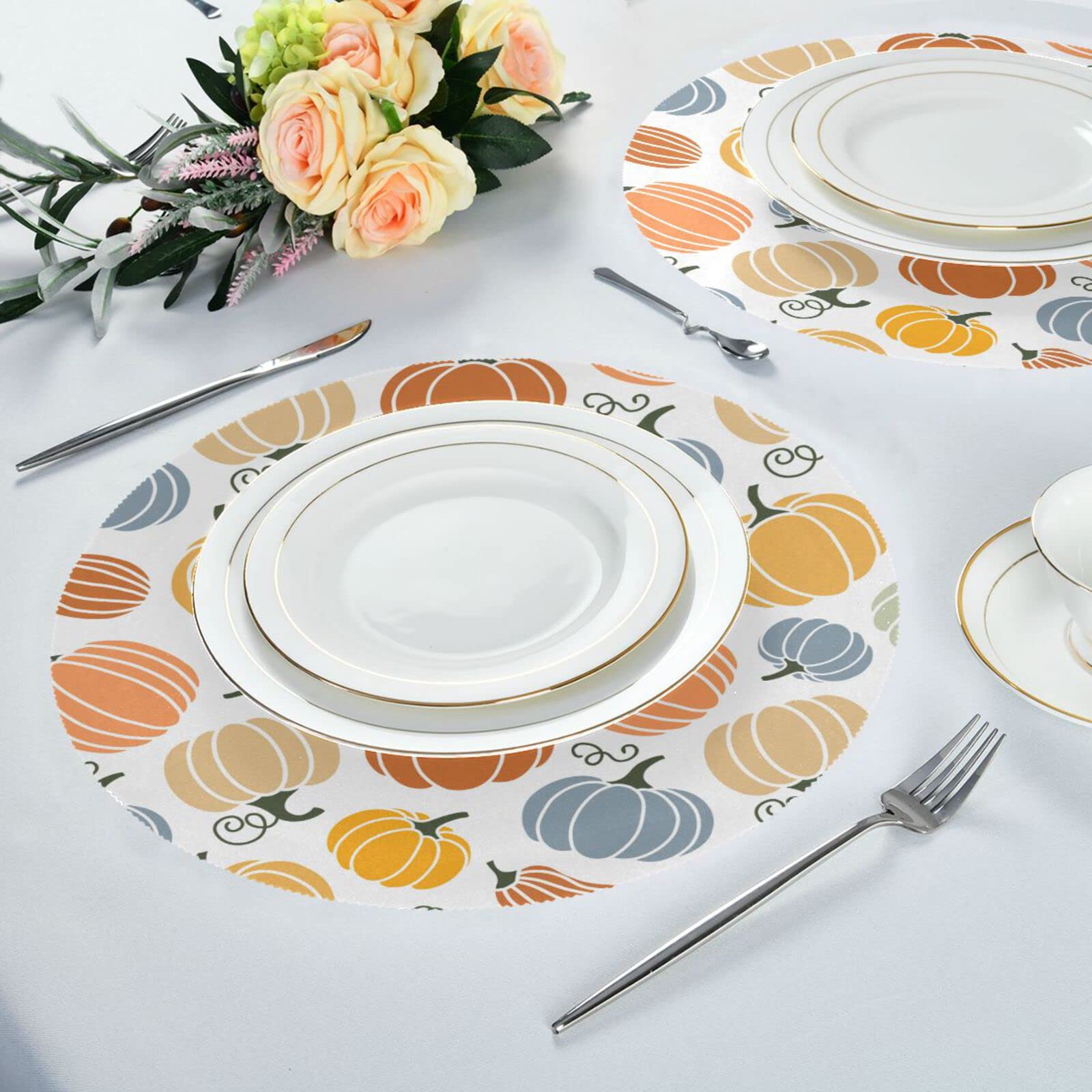 Thanksgiving Round Placemats Set of 6 - Autumn Pumpkin Table Mats for Kitchen Dining, Washable & Durable Holiday Decor - Perfect for Thanksgiving Dinner, Fall Gatherings & Seasonal Home Decor