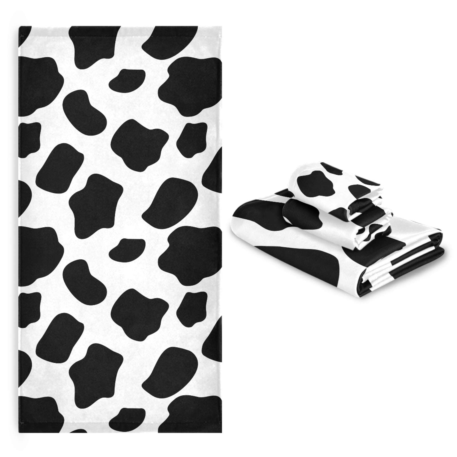 ALAZA Black and White Cow Print Bath Towel Set - 1 Bath Towel, 1 Hand Towel, 1 Washcloth | Ultra Soft Luxury Cotton Towels for Bathroom, Kitchen, Spa & Beach | Decorative Farmhouse Style Towel Set for Home & Travel