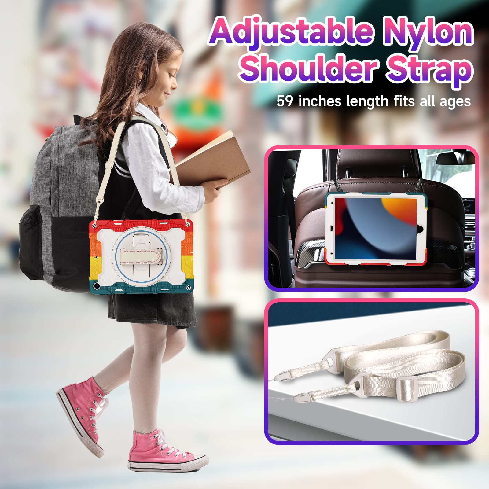 Shockproof iPad Case for Kids - Compatible with iPad 10.2 inch (9th/8th/7th Gen 2021/2020/2019) | Includes Screen Protector, Rotating Stand, Hand Strap, Shoulder Strap & Pencil Holder | Perfect for School, Travel & Outdoor Activities
