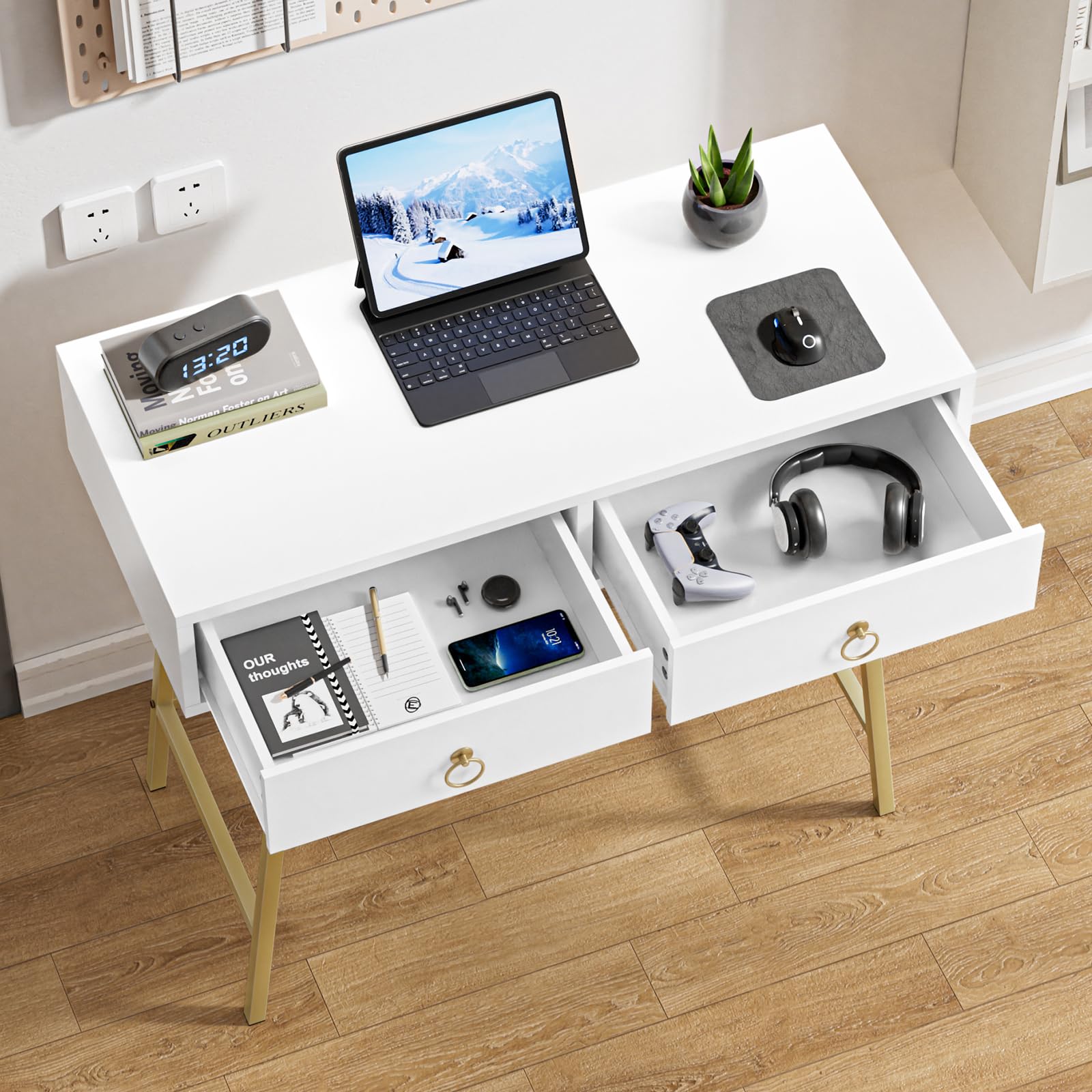 Anmytek 35.4 Inch Modern White Home Office Desk with 2 Drawers & Golden Legs - Study Writing Computer Makeup Vanity Table for Small Spaces, Dorm Room, Bedroom Workspace (Model D0002)