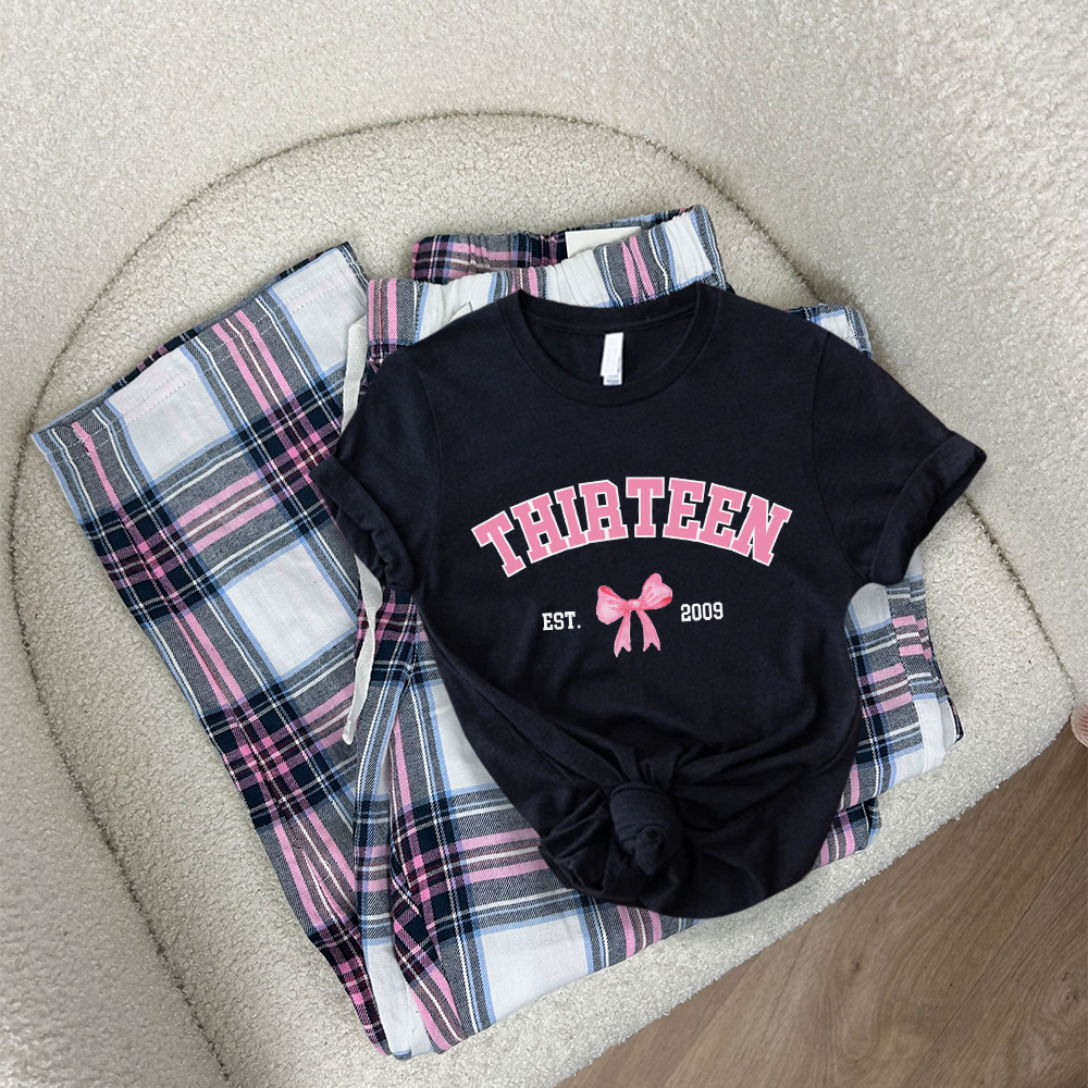Personalized Coquette Age & Year T-Shirt & Garland Pajama Set - Perfect for Birthdays, Sleepovers & Cozy Nights