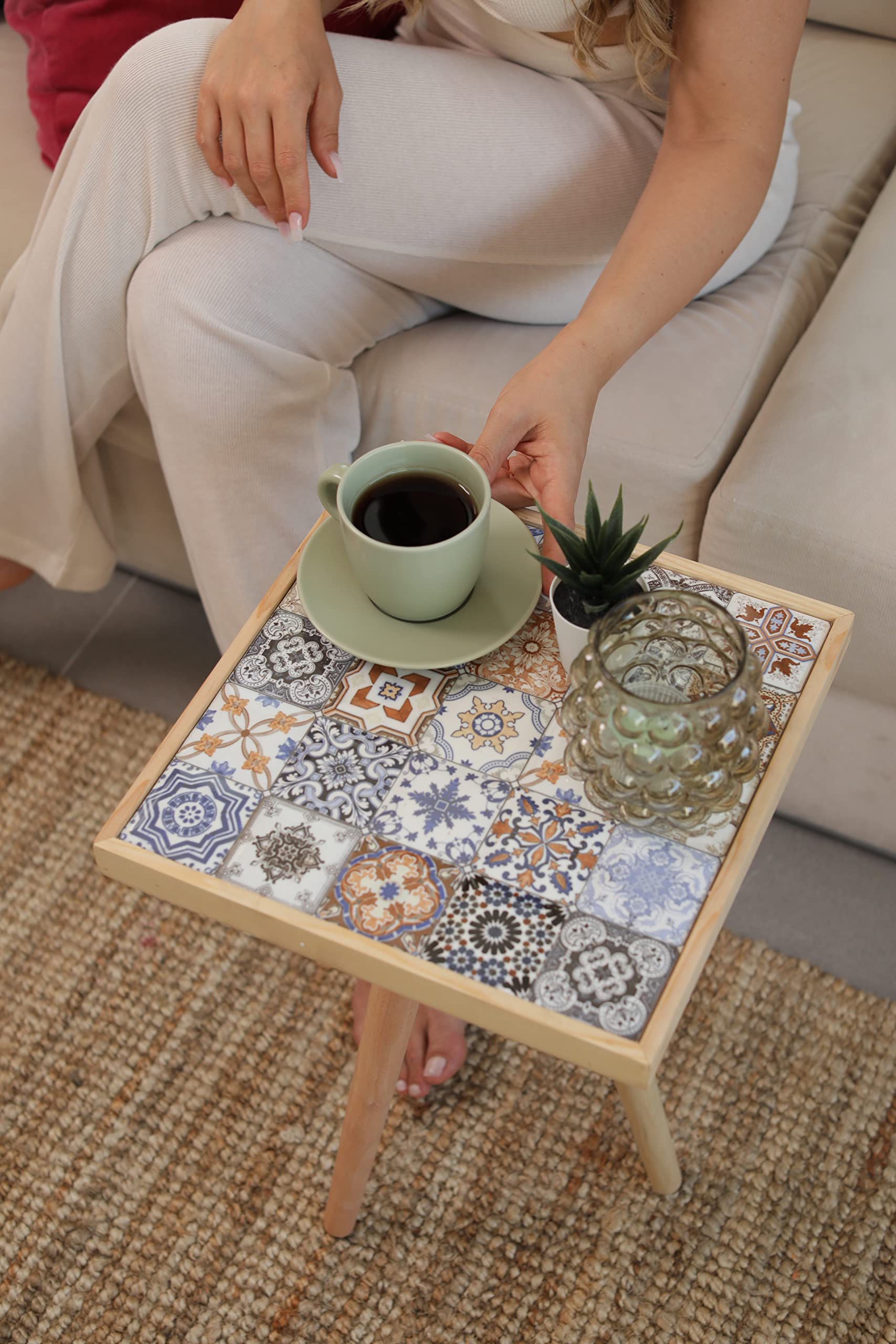 Comfyt Solid Wood Nesting Table Set - Coffee Table, End Table, Nightstand, Bedside Table with Mexican Tile Design for Living Room, Bedroom & Office Decor | Home Essentials & Accent Furniture