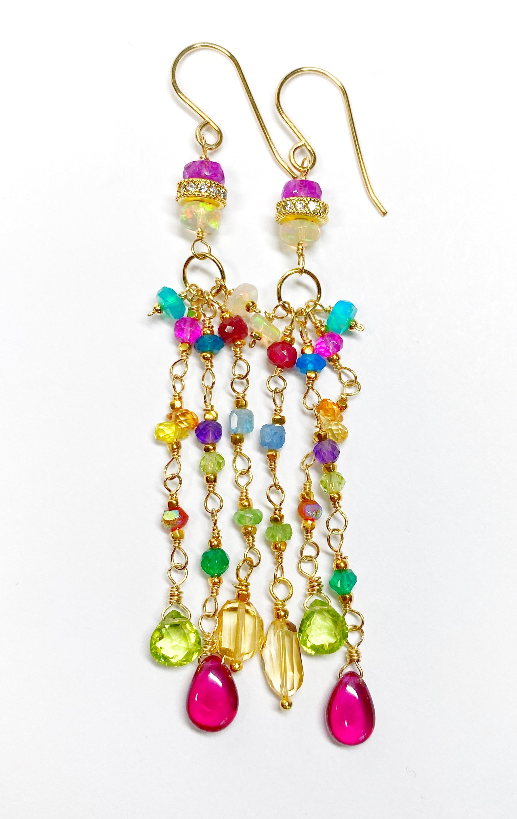Multi Gemstone Gold Fill Long Dangle Earrings with Peridot, Citrine & Rubellite - Elegant Statement Jewelry for Parties, Weddings & Special Occasions