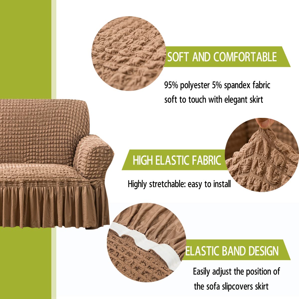 Qubjus Stretch Sofa Slipcover - Washable Couch Cover for Sofa & Bed - Elastic Bottom & Skirt Furniture Protector (Brown, XL) - Perfect for Living Room, Family Room & Guest House Decor