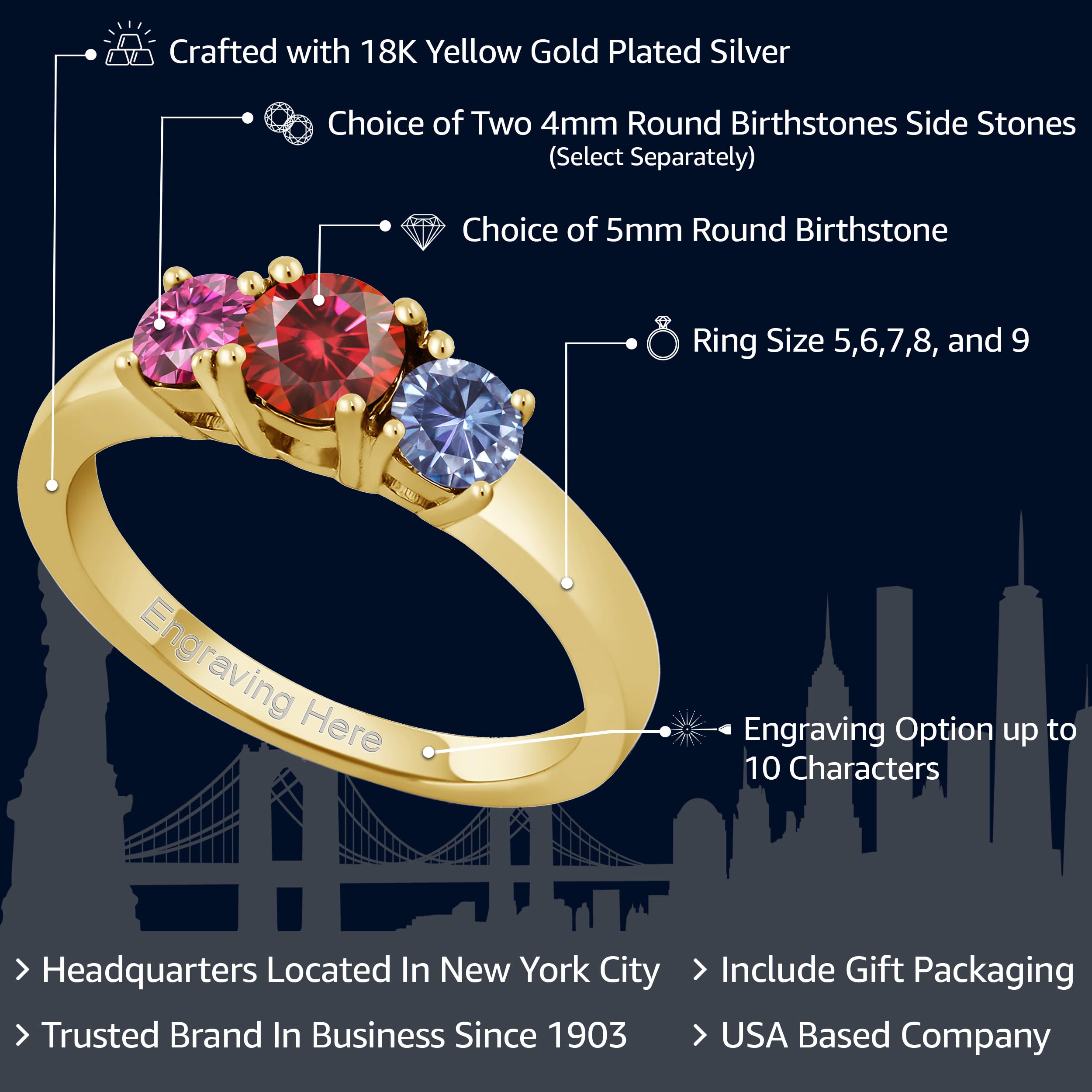 Custom 18K Gold Plated Birthstone Ring - Personalized 3 Stone Ring for Mom, Daughter & Sister | Anniversary, Mother's Day & Birthday Gift Jewelry