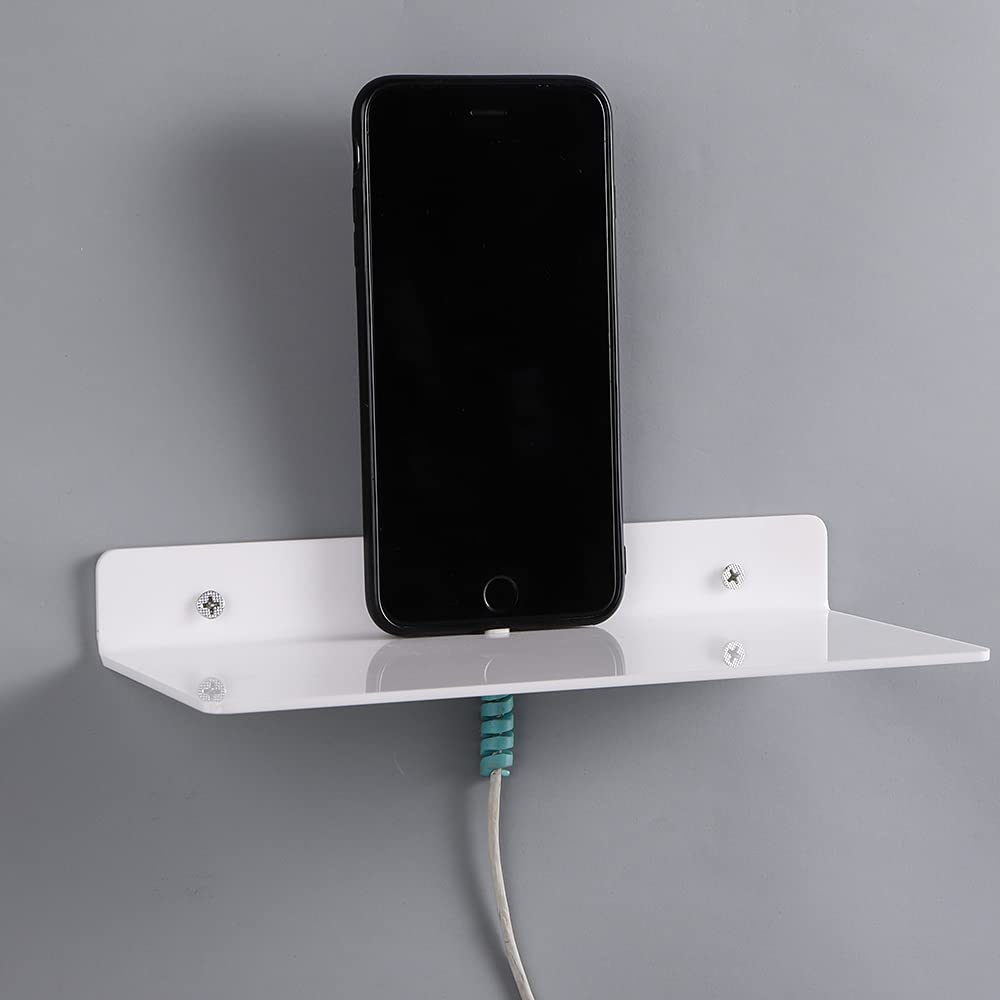 IEEK 9 Inch Acrylic Floating Shelves Set of 4 - Small Wall Display Shelf for Bluetooth Speakers, Security Cameras, Nintendo Switch & Action Figures - Damage-Free Stick-On Wall Shelves (White) - Perfect for Bedroom, Living Room & Office Organization