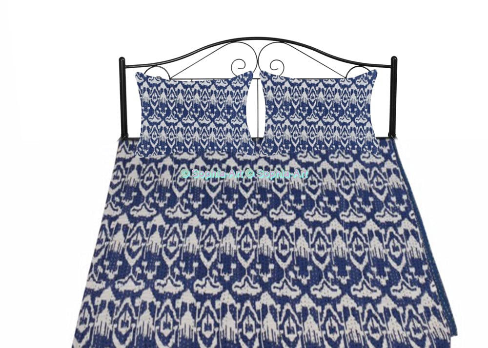 Handmade Kantha Quilt - Reversible Indian Ikat Print Cotton Bedspread | Vintage Sofa Cover & King Size Bedding (90