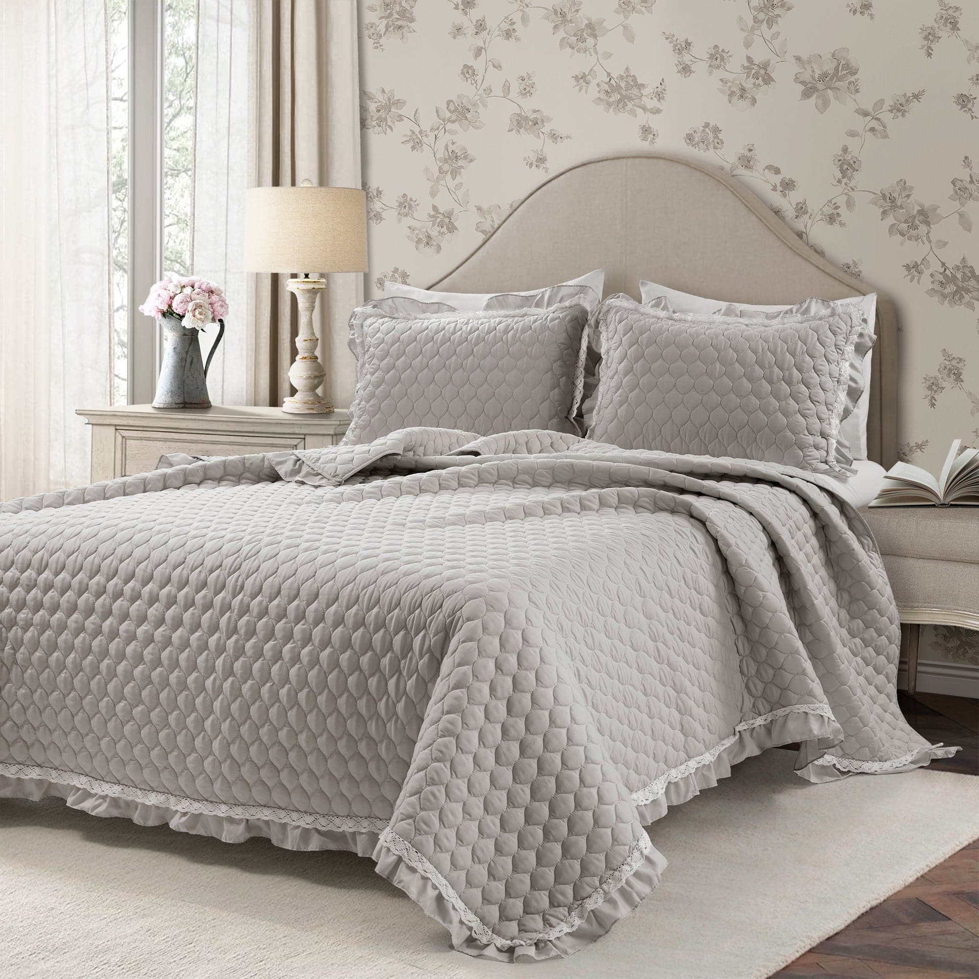Ella Ruffle Lace 3-Piece Quilt Set - Queen Size Bedding with Floral Embroidery for Girls & Women - Perfect for Bedroom Decor, Guest Room, and Dorm Room