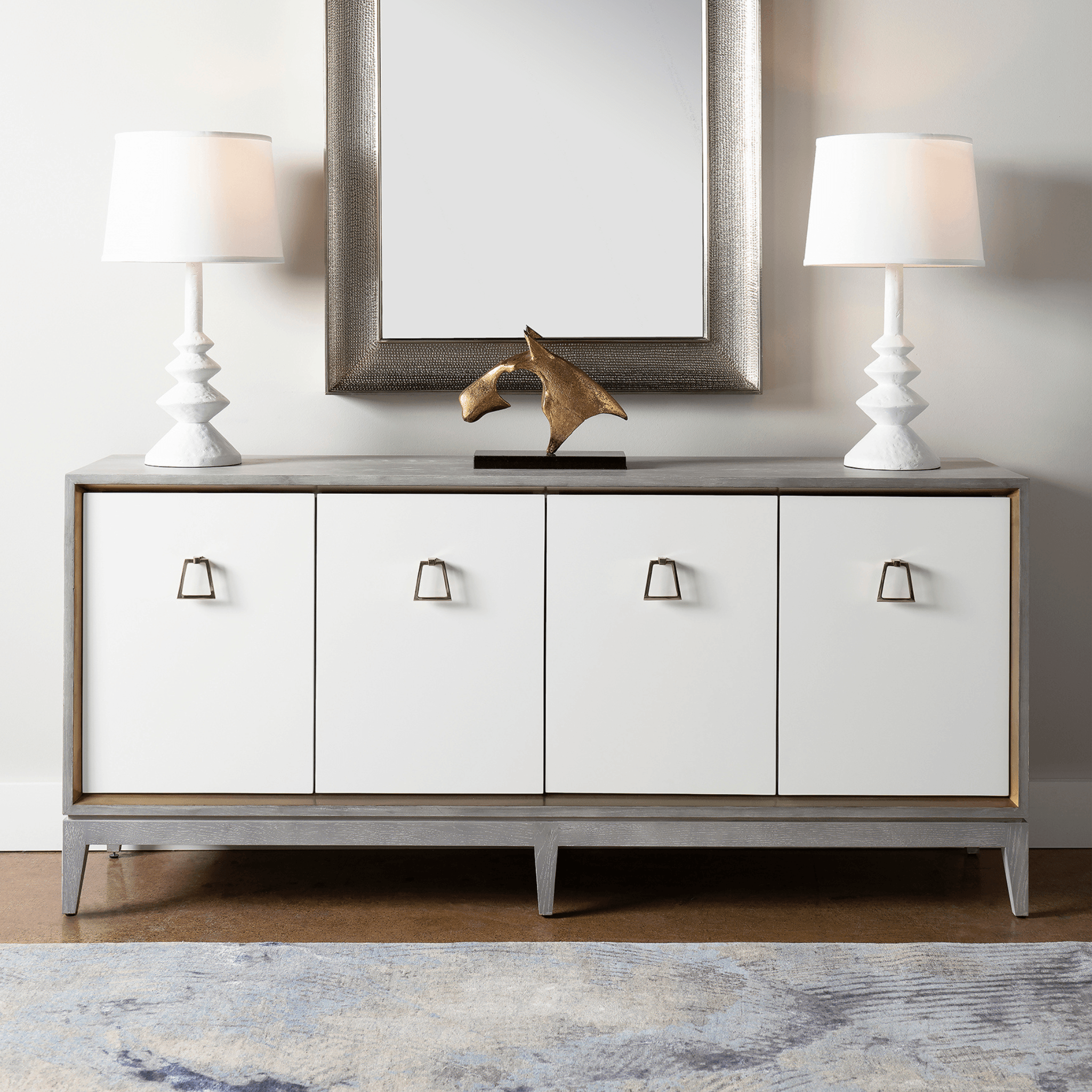 Soft Gray Cameron Four Door Cabinet - Stylish Storage Solution for Bedroom, Living Room, or Office Organization