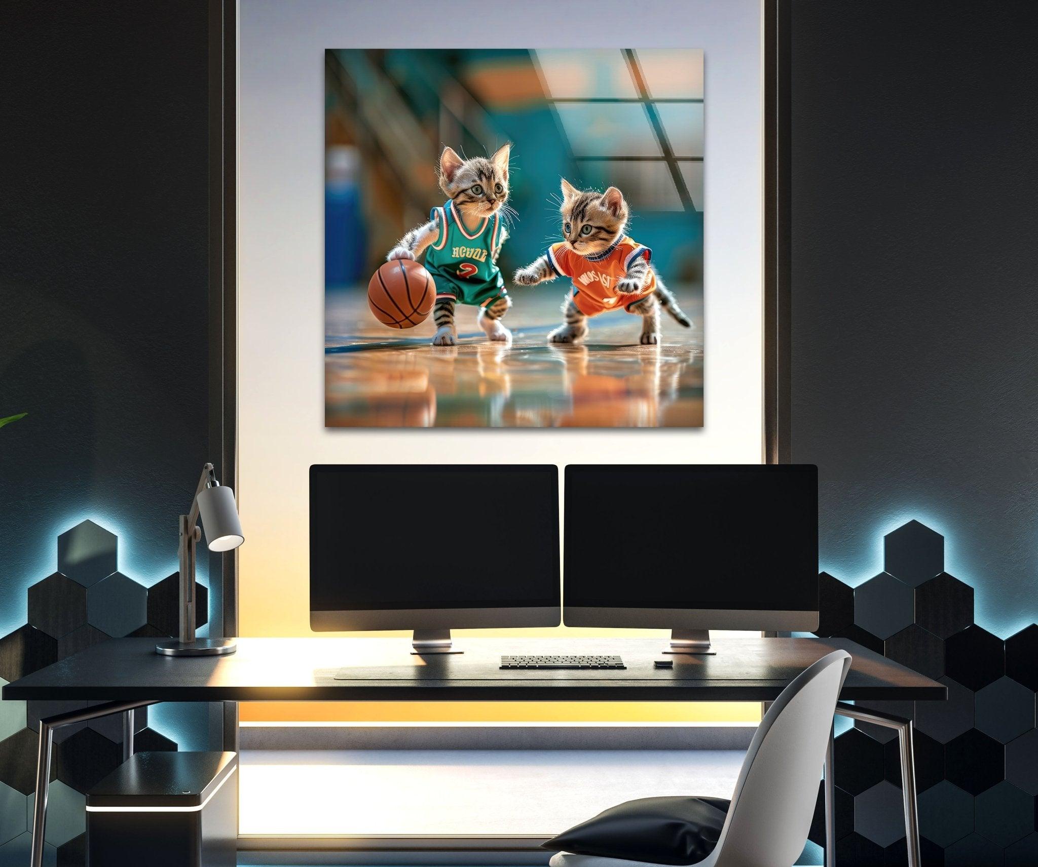 Basketball Player Cats Glass Wall Art - Unique Sports Decor for Cat Lovers - Perfect for Living Room, Bedroom, or Game Room Decorations