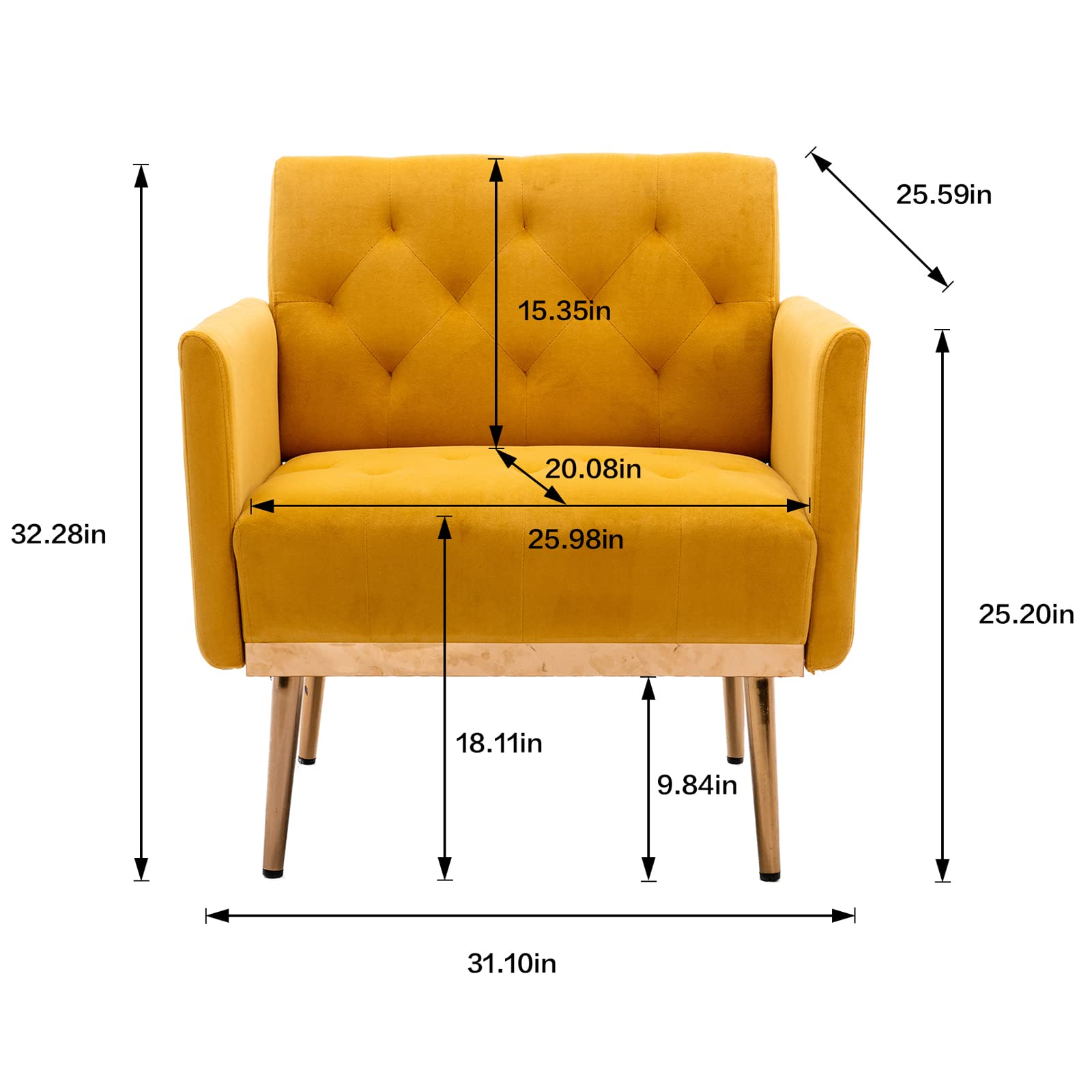 Modern Velvet Accent Chair with Gold Metal Feet - Comfortable Single Sofa for Living Room, Bedroom & Office - Space-Saving TV Armchair - Perfect for Small Spaces, Coffee Shops & Home Decor (Yellow)