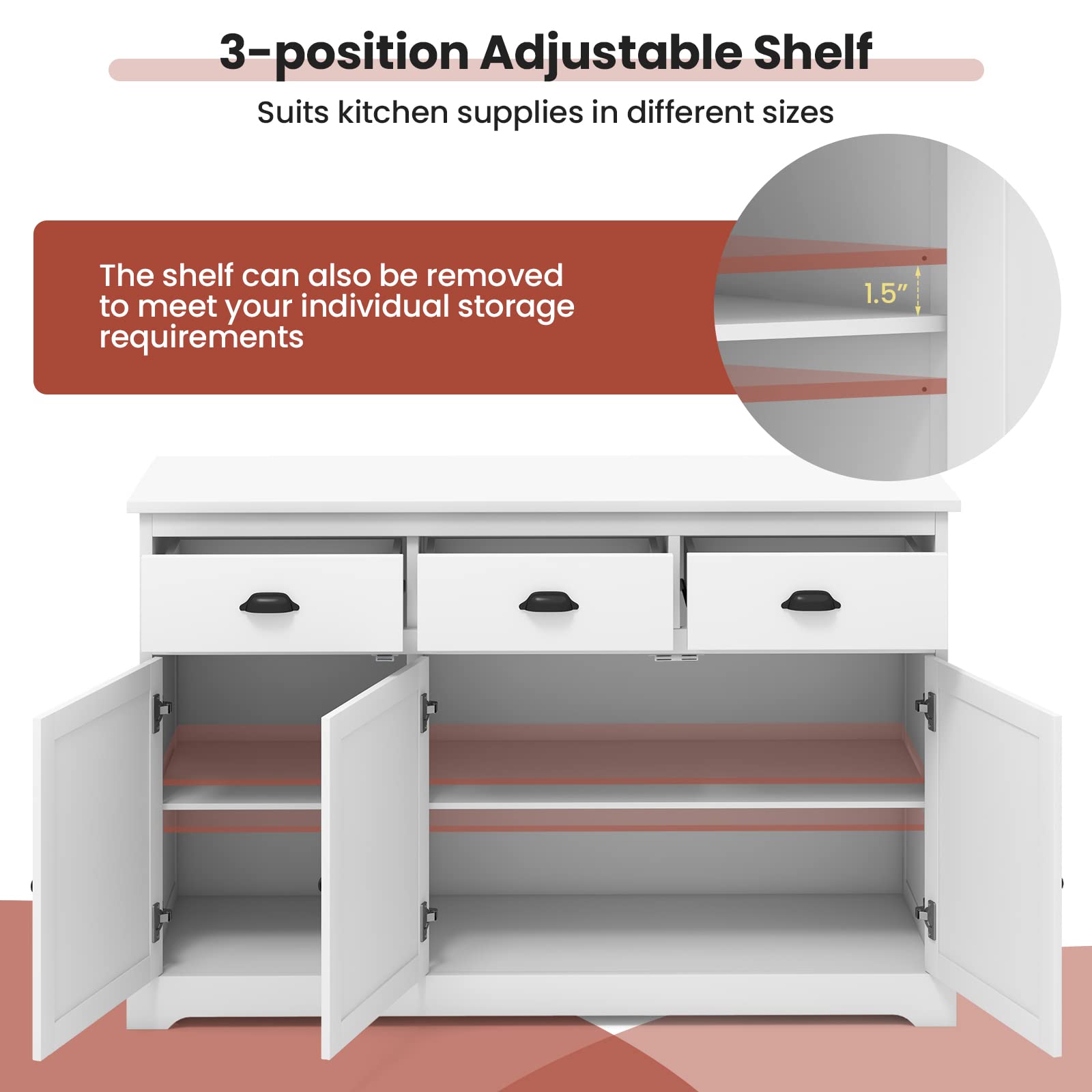 Giantex White Sideboard Buffet Server - 2 Cabinets & 3 Drawers Storage Cabinet with Adjustable Shelves for Dining Room, Kitchen, Entryway - Perfect for Home Organization & Entertaining Guests