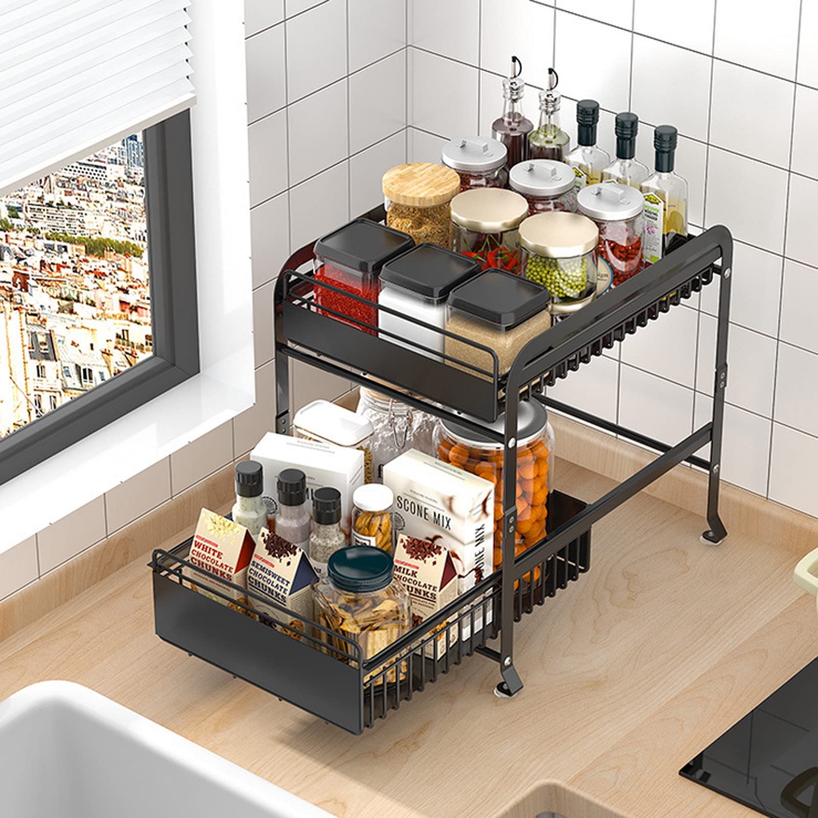 2-Tier Sliding Cabinet Basket Organizer - Under Sink Storage Rack Shelf for Kitchen & Bathroom Organization | Space-Saving Pull Out Drawer for Cleaning Supplies & Toiletries