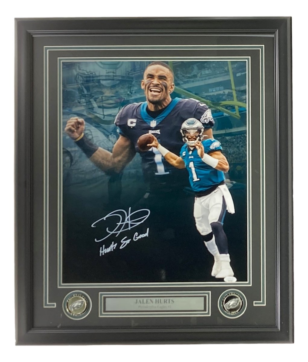 Jalen Hurts Autographed Framed 16x20 Philadelphia Eagles Throw Collage Photo with JSA Certificate - Perfect for Eagles Fans, Sports Memorabilia Collectors & Man Cave Decor