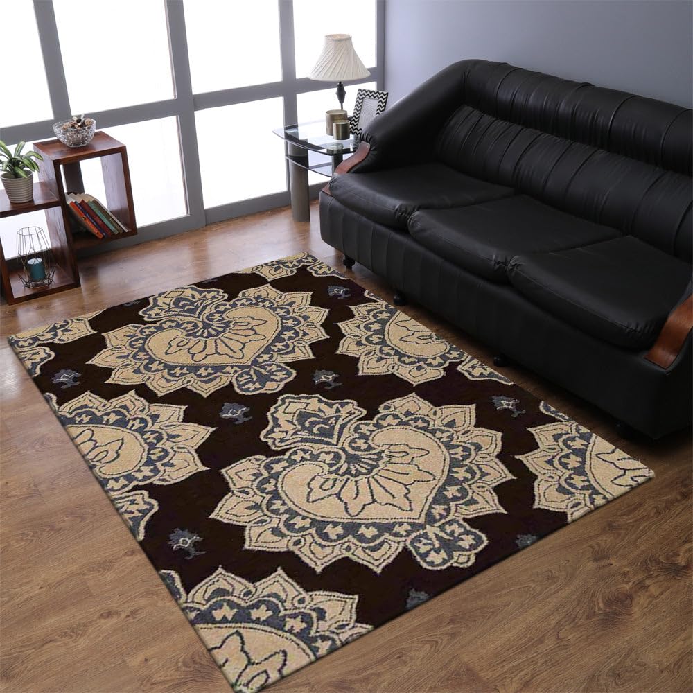Hand Tufted Wool Eco-Friendly Area Rugs 5'x8' Rectangle - Cream & Brown Floral Modern Design High Pile Thick Handmade Rug for Living Room, Bedroom, Nursery & Home Office - Soft & Durable Floor Decor (K00507)