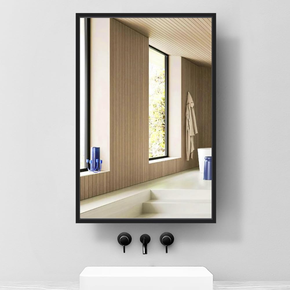 16x24 Inch Black Metal Framed Recessed Medicine Cabinet with Mirror - Wall Mounted Bathroom Storage for Toiletries & Essentials | Perfect for Small Bathrooms, Vanities & Modern Home Decor