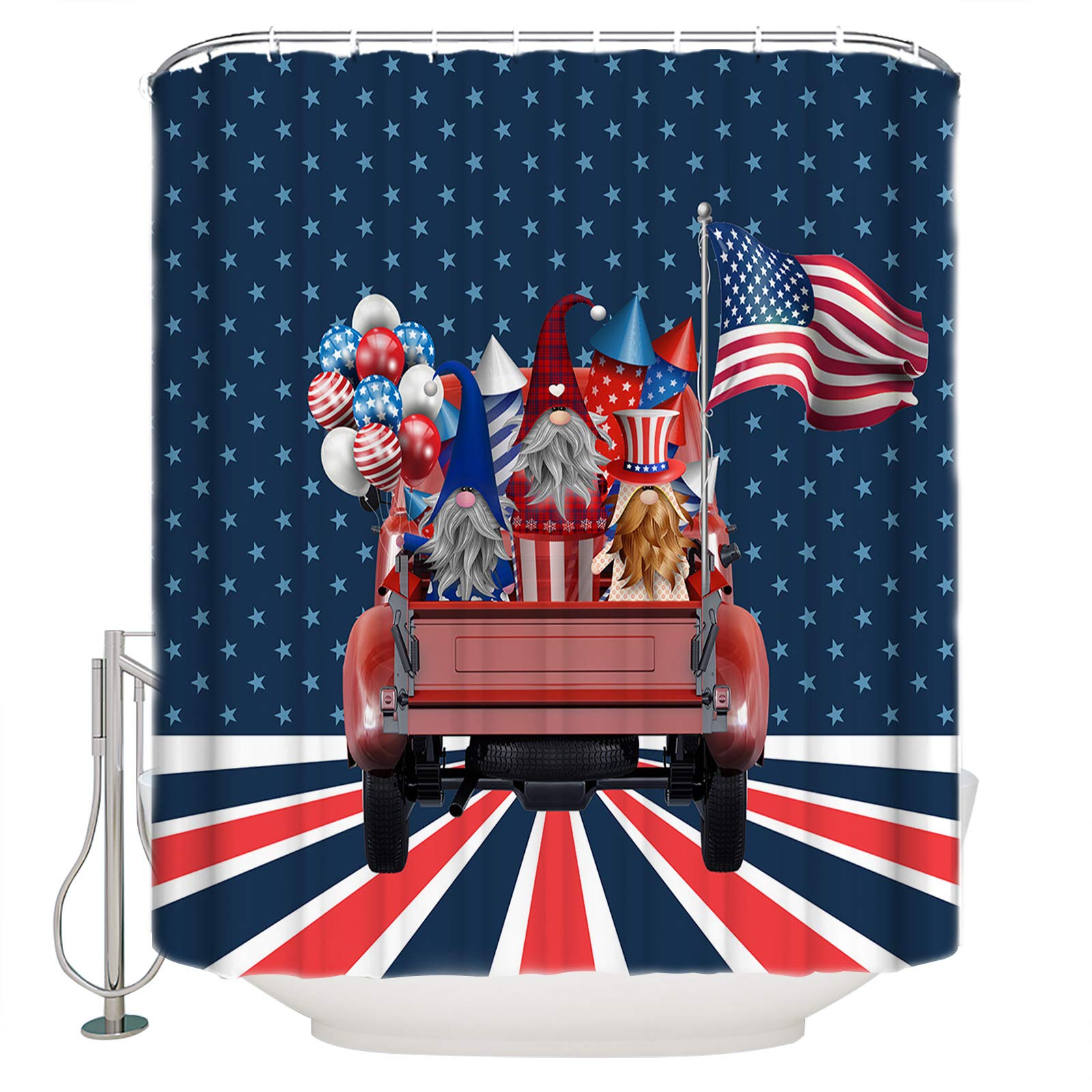 Waterproof Independence Day Shower Curtain 60x72 Inch - Patriotic Striped Truck with Gnomes, Balloons & Flag Design - Bathroom Decor for Home, Office, Club & Camper - Perfect for 4th of July Celebrations & American Theme Bathrooms