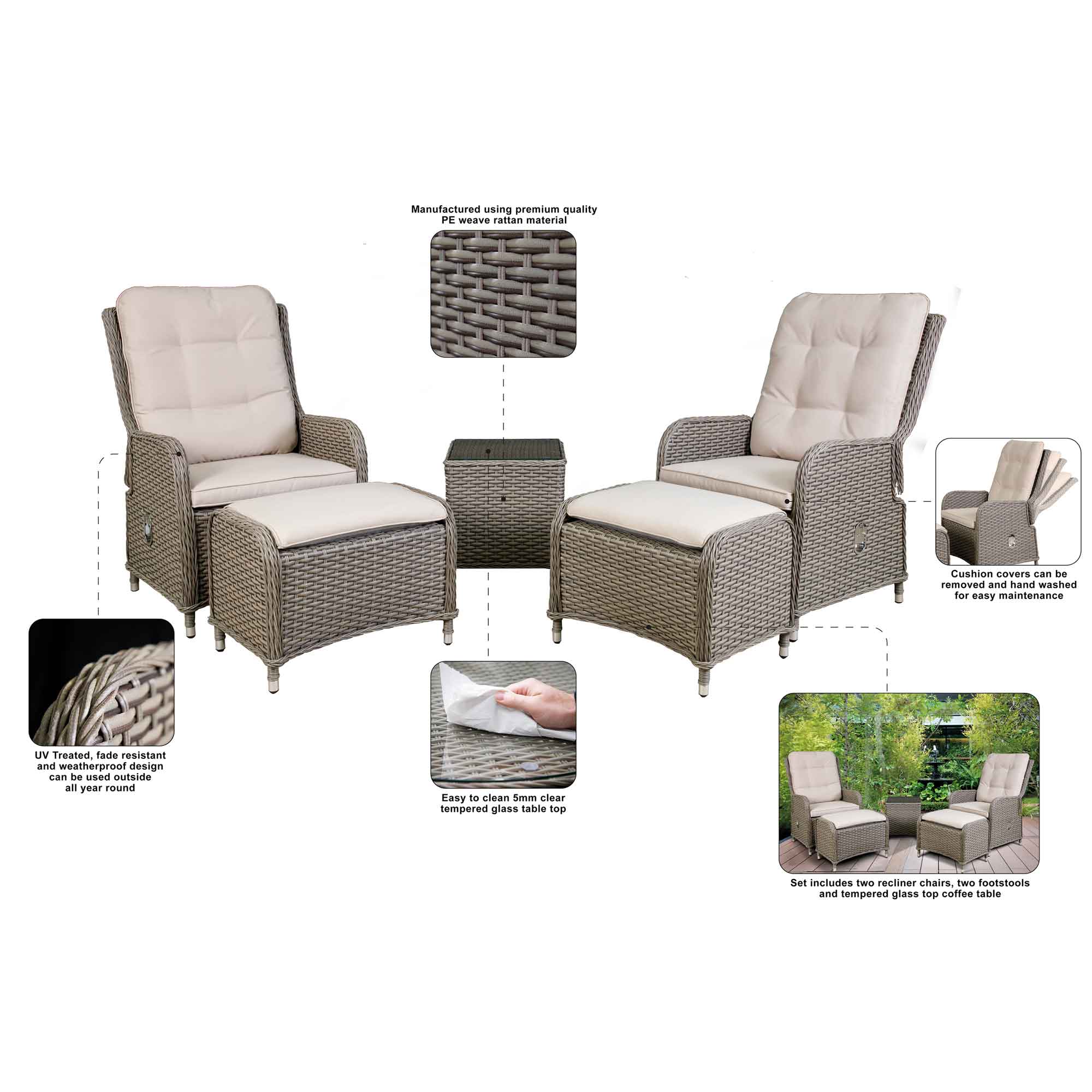 Chester Rattan Wicker Outdoor Recliner Chair & Coffee Table Set - Brown Patio Furniture for Backyard, Poolside or Garden Relaxation | DG68