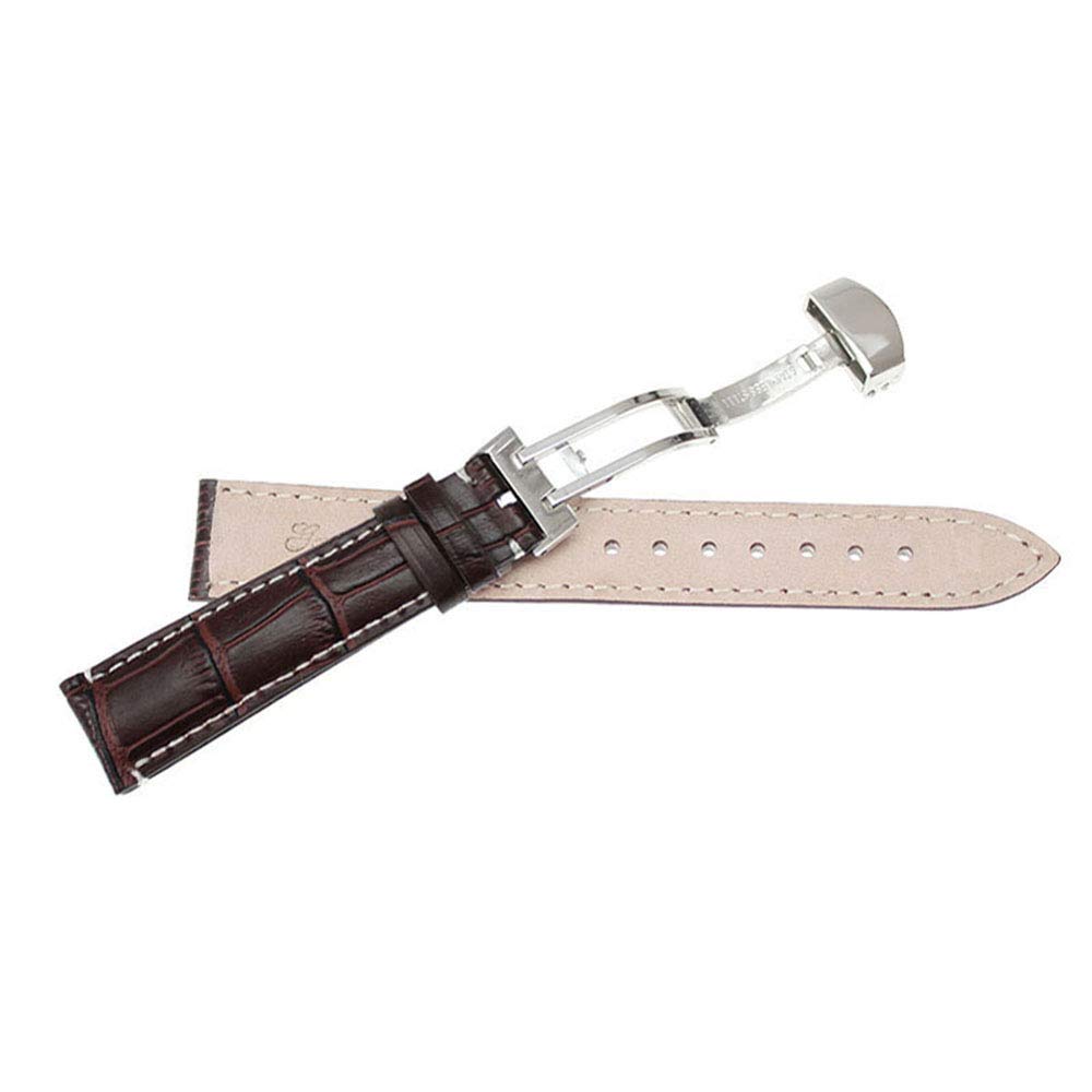 RECHERE 20mm Genuine Leather Watch Band Strap with Deployment Clasp - Brown Contrast Stitch Replacement Band for Men & Women | Perfect for Dress Watches, Business & Casual Wear