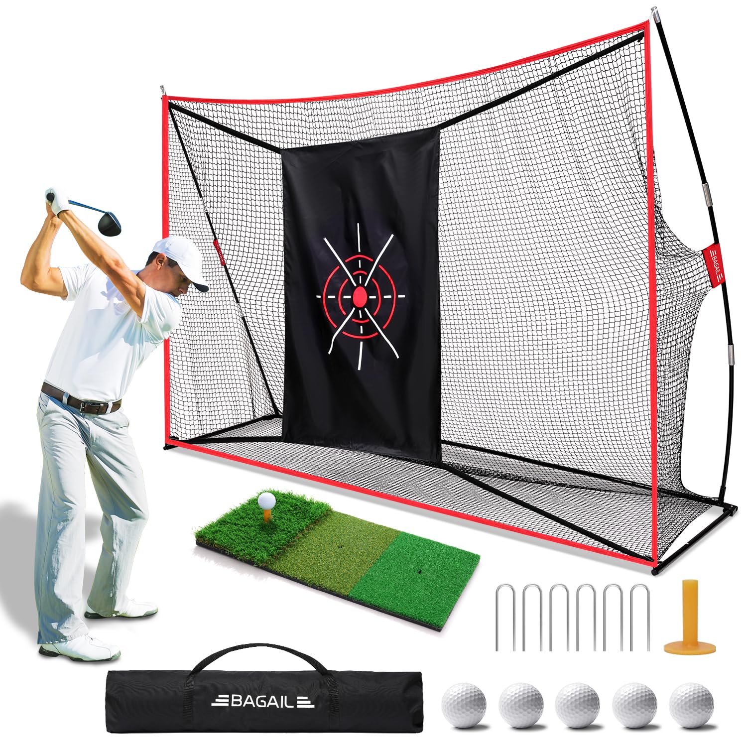 BAGAIL 10x7ft Heavy Duty Golf Practice Net with Tri-Turf Mat & Carry Bag - Portable Backyard/Indoor/Outdoor Training Aid for Driving, Chipping & Hitting | Perfect for Home Practice, Driving Range & Backyard Golf Sessions