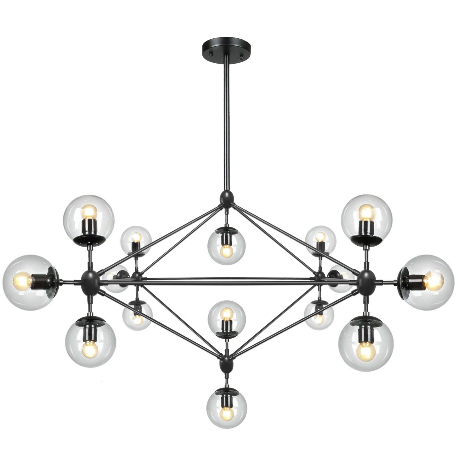 15-Light DNA Chandelier with Globe Glass Shade - Modern Black Finish Large Ceiling Light Fixture for Dining Room, Living Room, Bedroom - Perfect for Home Decor, Wedding Venues & Restaurant Lighting (D58.5)