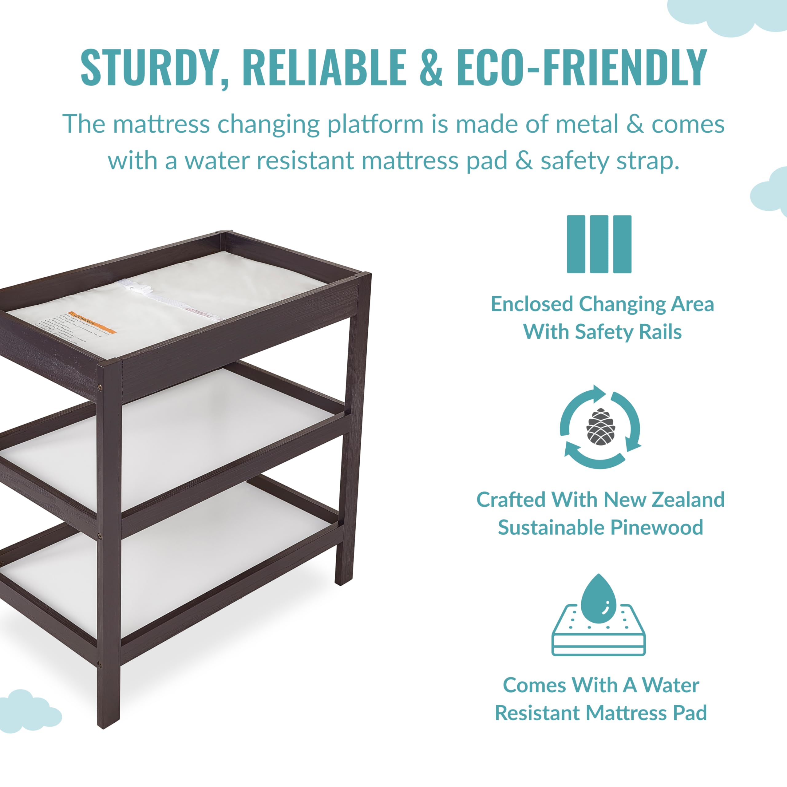 Ridgefield II Changing Table - Dark Espresso Finish Baby Dresser for Nursery | Safe & Sturdy Diaper Station for Newborns & Toddlers | Perfect for Baby Rooms, Daycares & Gift Registries