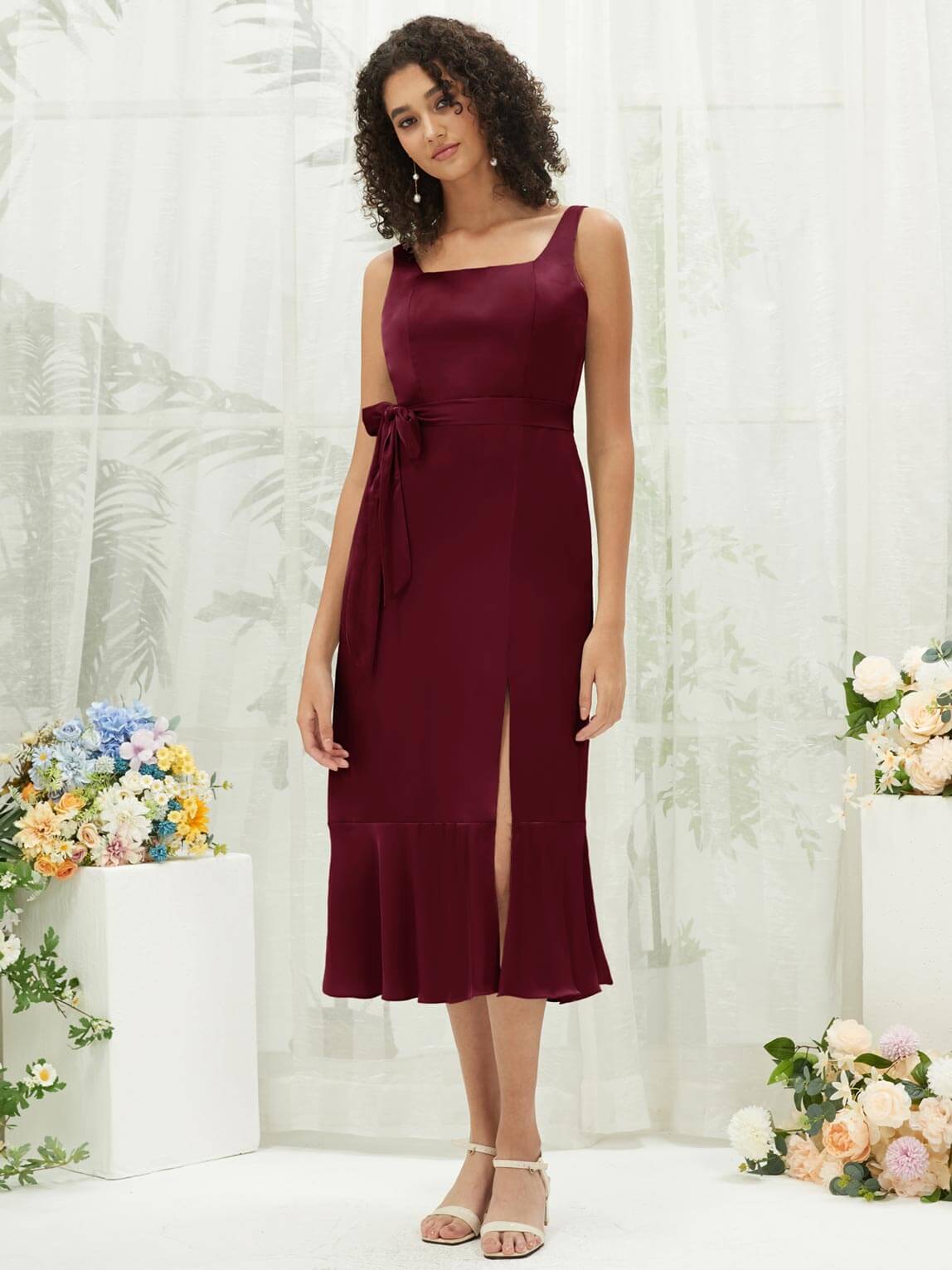 Elegant Burgundy Silk Satin Square Neck Bridesmaid Dress with Slit & Convertible Design - Perfect for Weddings, Parties, and Formal Events