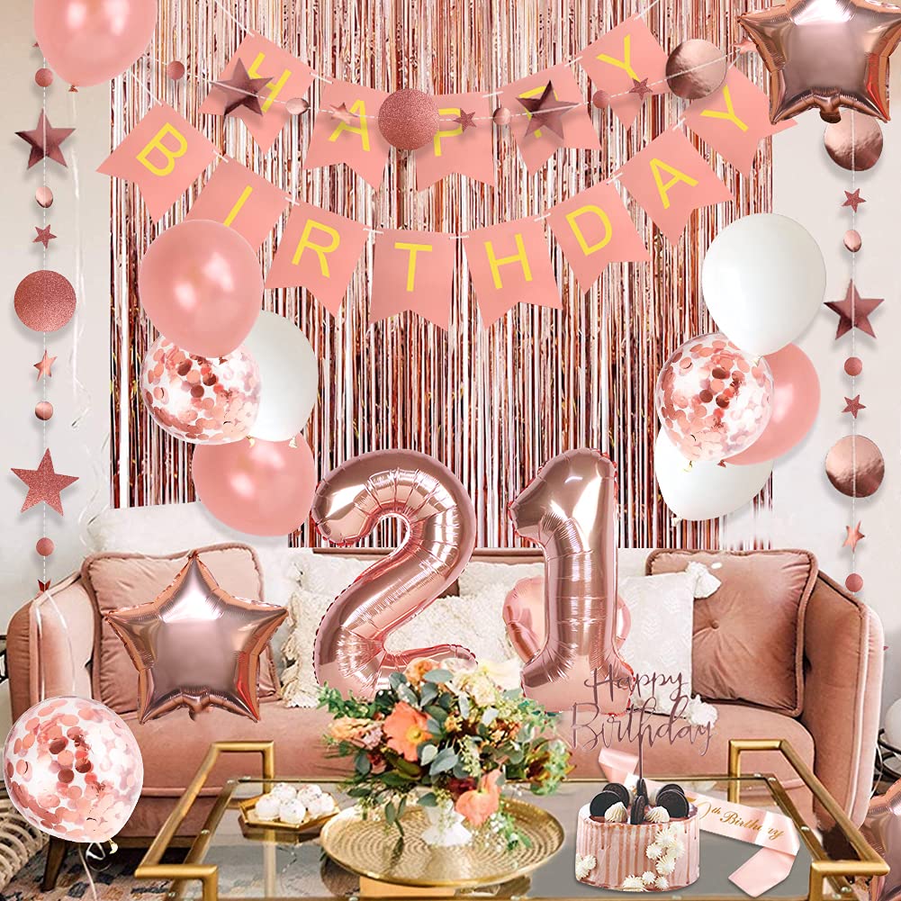 21st Birthday Party Decorations Set - Happy Birthday Banner, Cake Topper, Sash & 21 Foil Balloons for Women's Milestone Celebration | Perfect for Anniversary Decor, Backdrop & Special Occasions