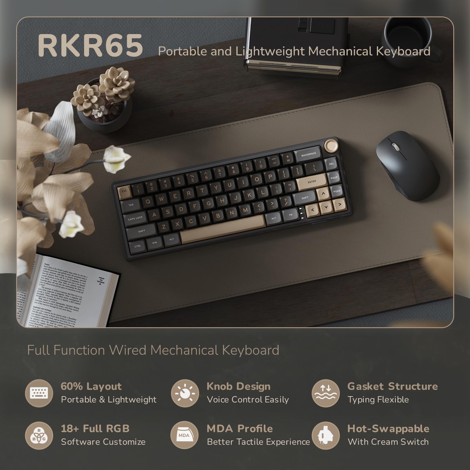 RK R65 60% RGB Mechanical Gaming Keyboard - Hot Swappable, PBT Keycaps for PC Gaming & Typing