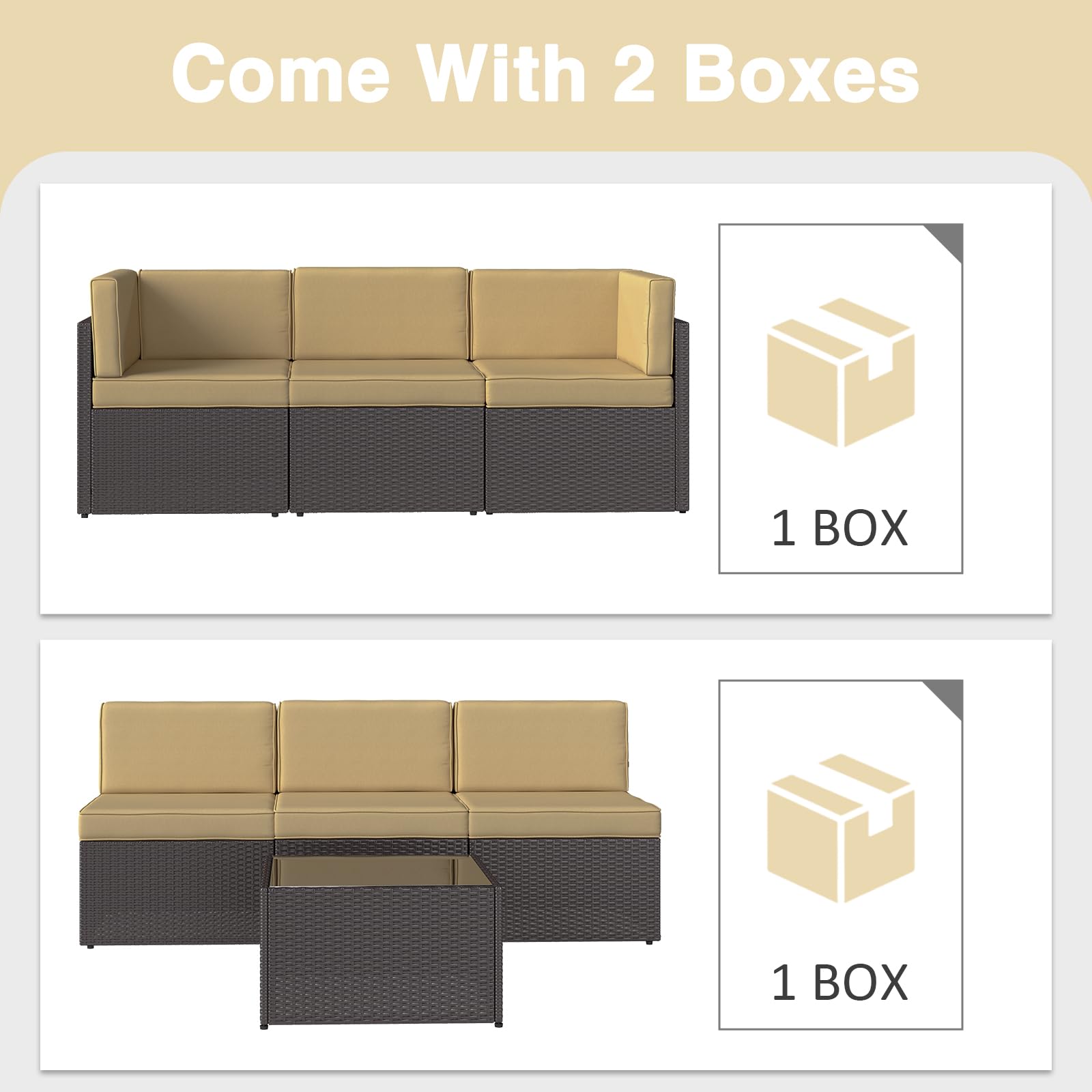 Premium Outdoor Patio Furniture Set - 7-Piece PE Rattan Wicker Sectional Sofa with Glass Coffee Table & Cushions for Porch, Balcony, Garden, Poolside (Khaki) | Perfect for Relaxing, Entertaining & Outdoor Living Spaces