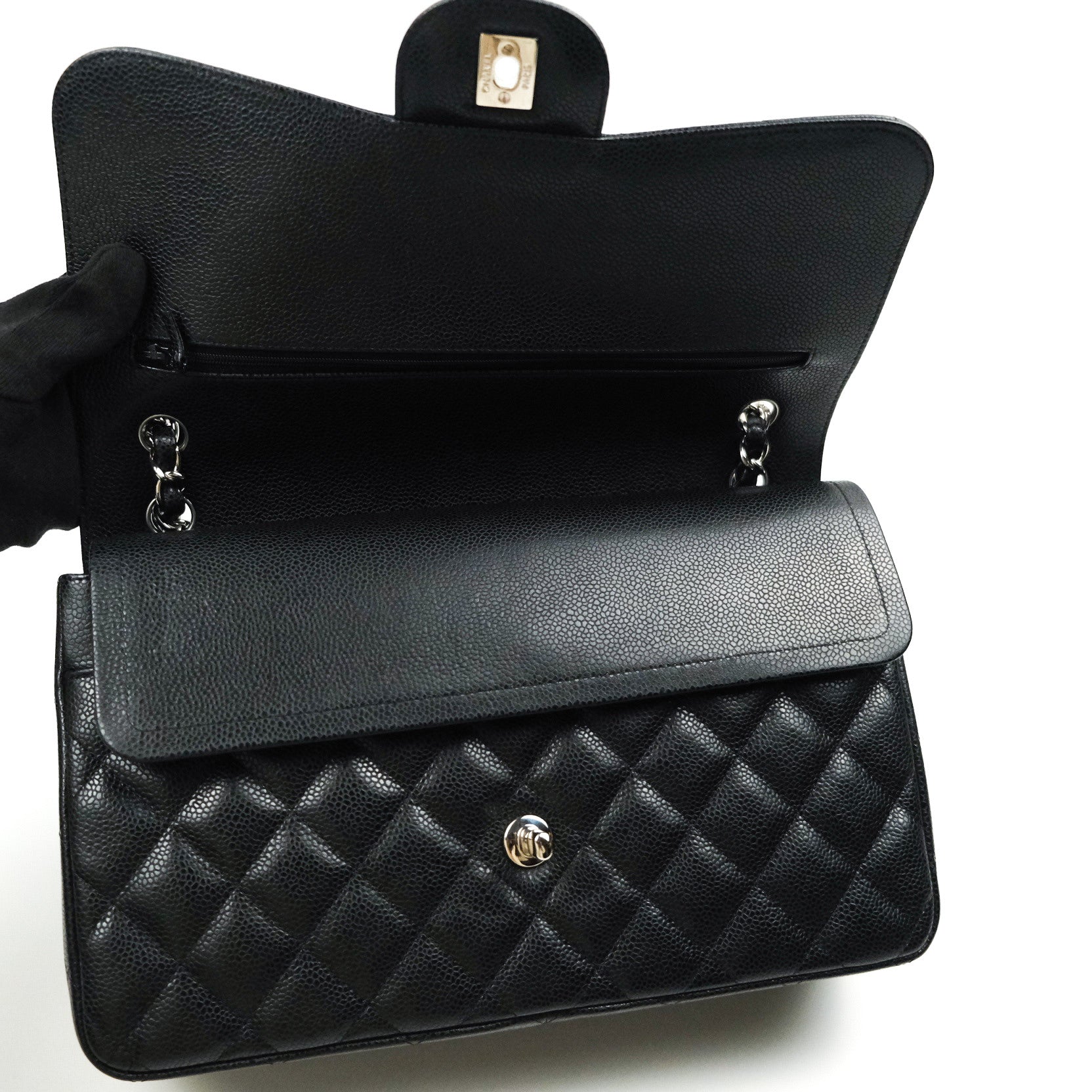 Chanel Classic Jumbo Double Flap Bag Black Quilted Caviar Leather with Silver Hardware - Luxury Designer Handbag for Women, Perfect for Evening Events & Special Occasions